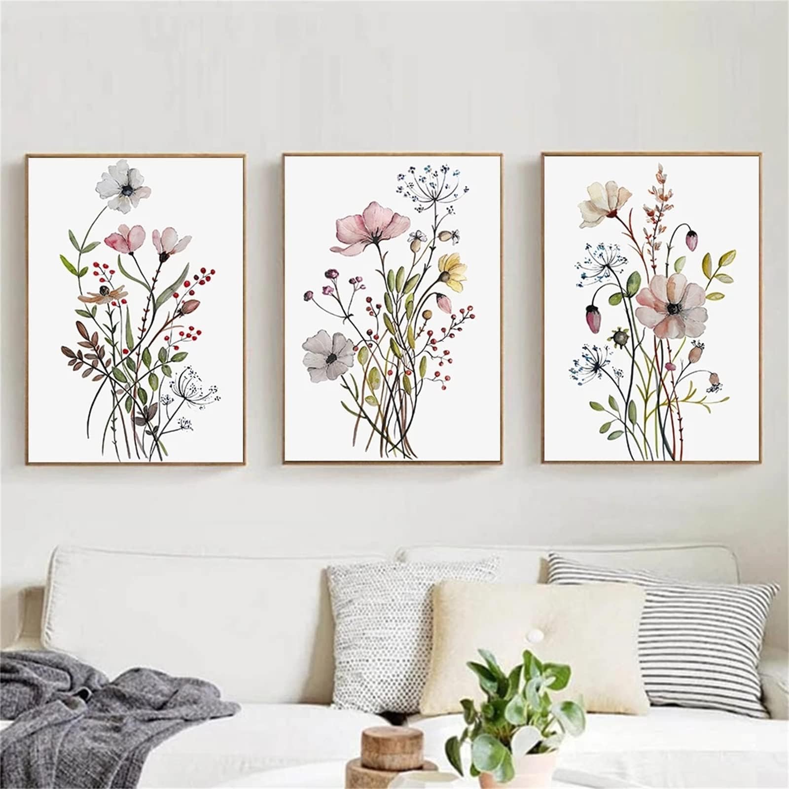 champracer Juego de 3 cuadros para salón, acuarela, flores, decoración de pared, lienzo, sin marco, lienzo con flores, póster artístico para dormitorio, oficina, decoración de pared (50 x 70 cm, E)