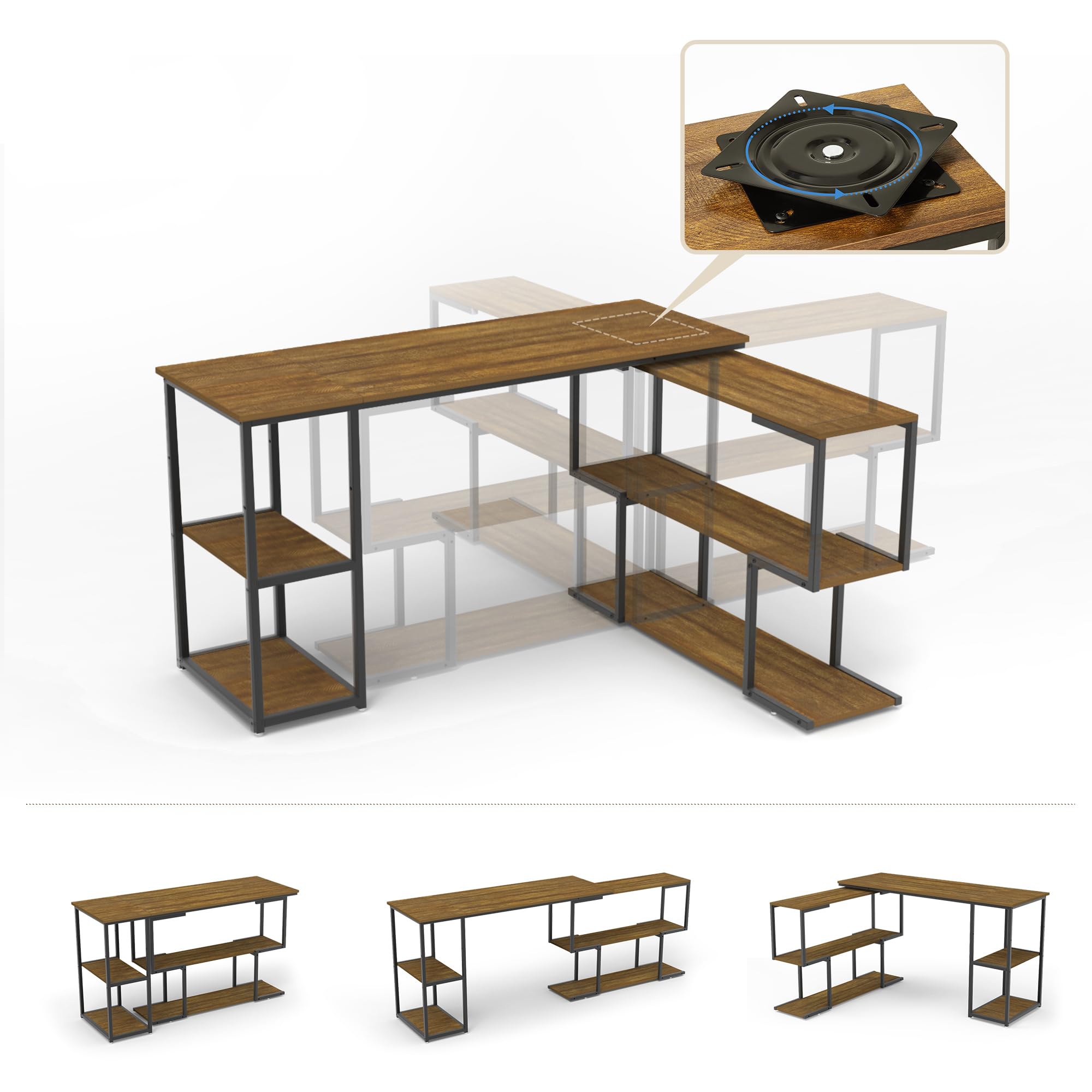 Mondeer Bureau d'angle,Bureau avec Rangement,135x110x75cm,Marron Rustique