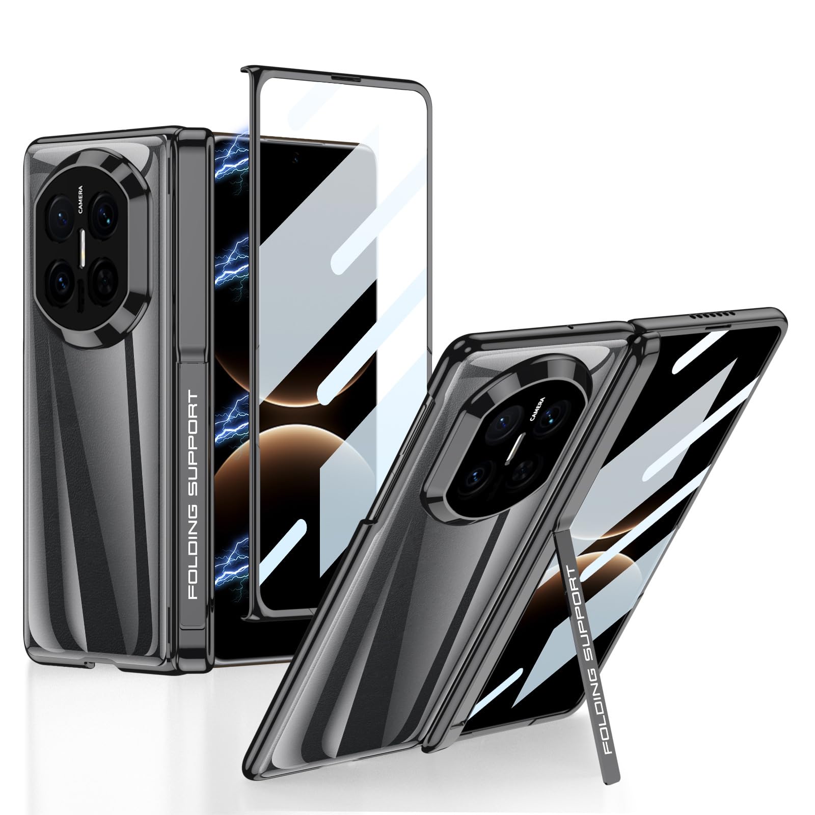 Case for Huawei Mate X7, Electroplated Clear Guard Cover Hinge Stand Built-in Screen Protector Shockproof Full Body Protection Shell,Black,Mate X7