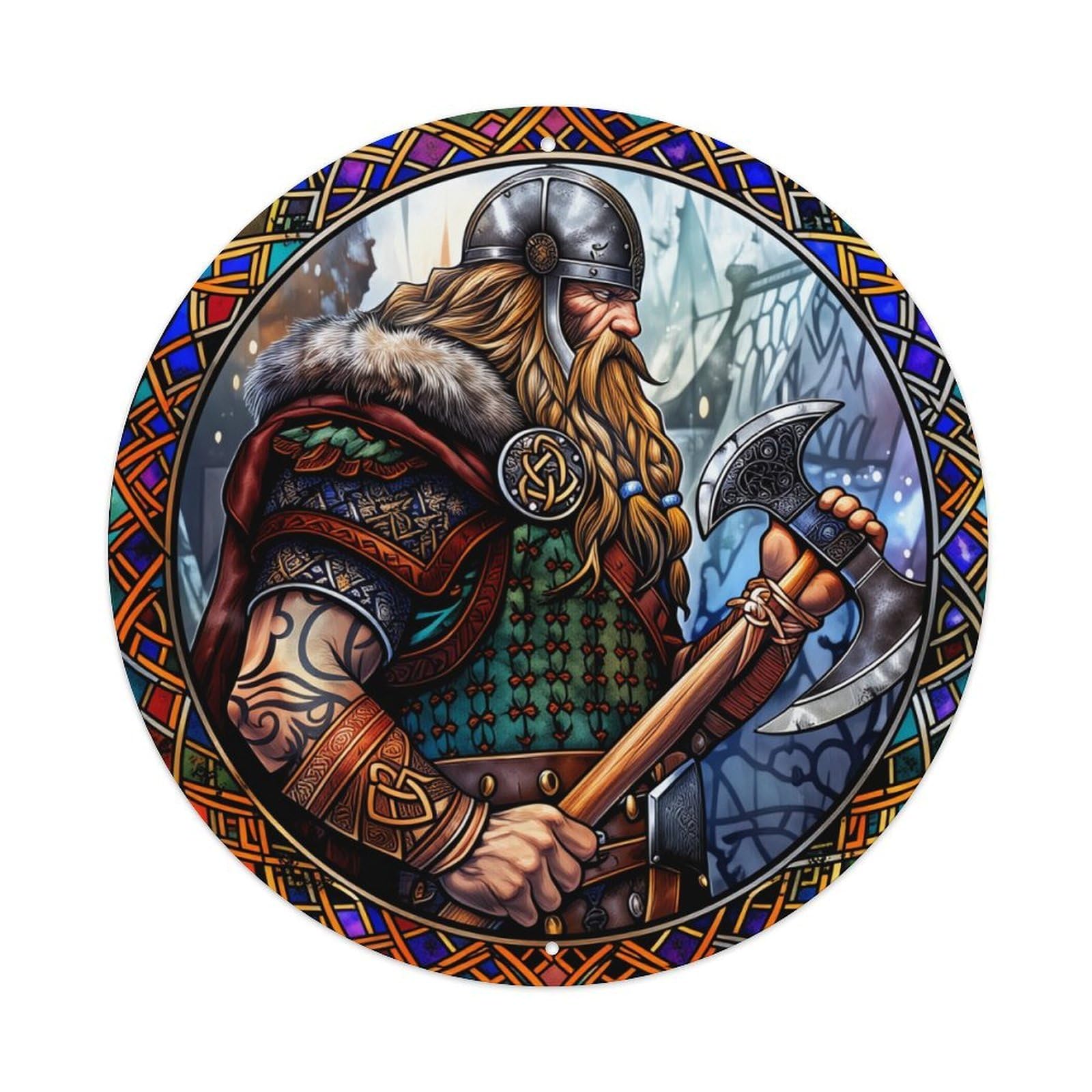 Viking Warrior With Axe And Shield Round Tin Sign Vintage Metal Sign Home Bar Garden Indoor & Outdoor Wall Decor Retro Metal Poster 8x8 Inch