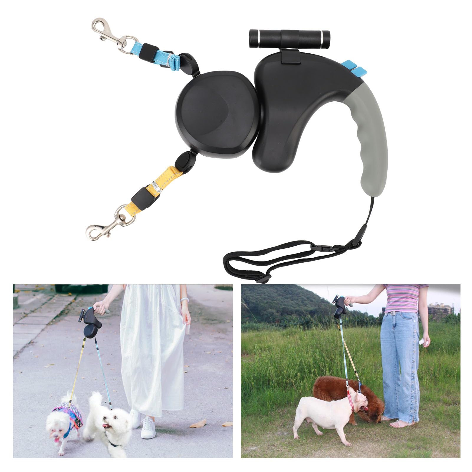 Generic Correa para Perros de Doble Cabeza con Luz LED, Retráctil de 3 Metros, Control para Dos Perros, para Pasear Dos Simultáneamente (Black)