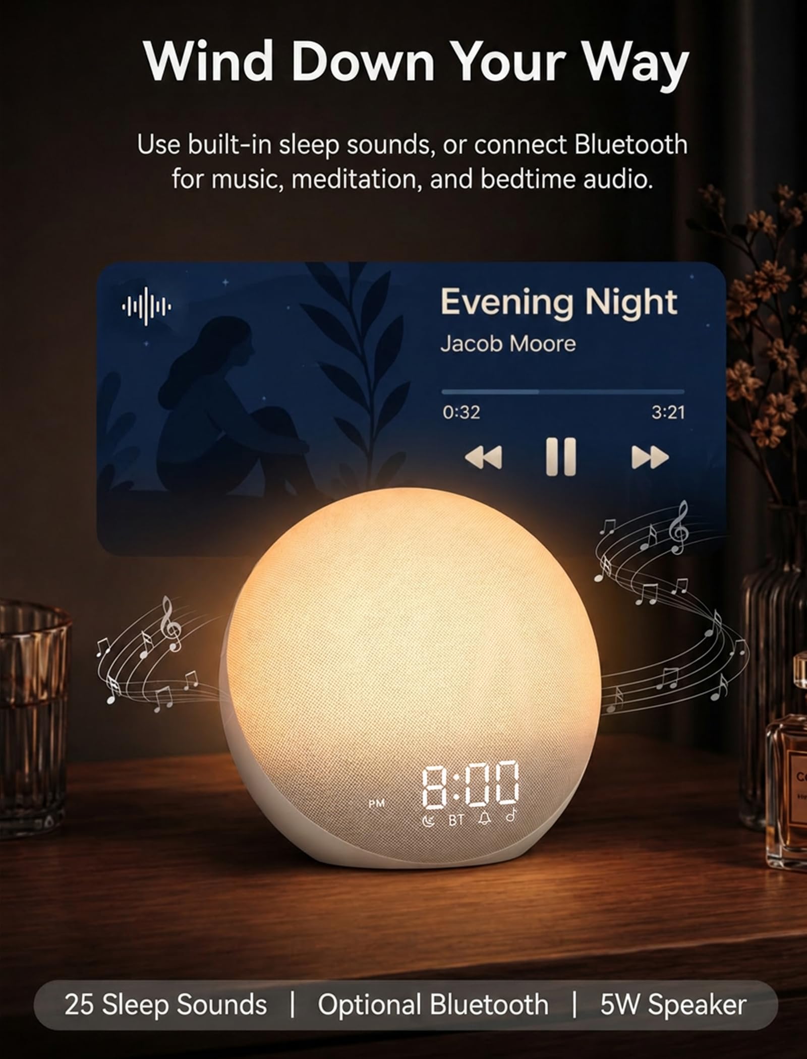 Odokee Reloj despertador Sunrise con máquina de sonido: luz de despertador suave y 7 sonidos de alarma para dormitorio, 3 modos de despertar y 32 niveles de volumen para masilla matutina sin estrés