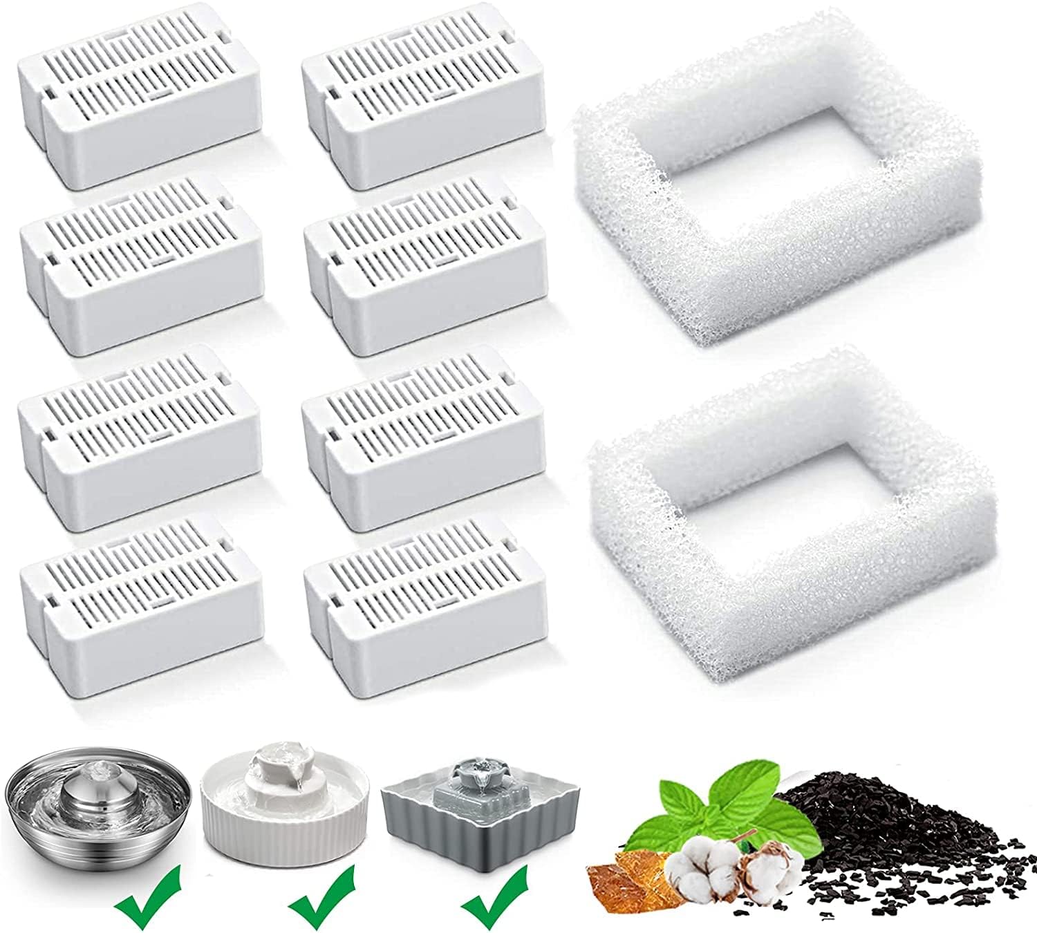 Hsbao Cat Water Fountain Replacement Filters, 8 Pack Cat Fountain Carbon Filters and 2 Pack Foam Filters for Ceramic Pet Drinking…