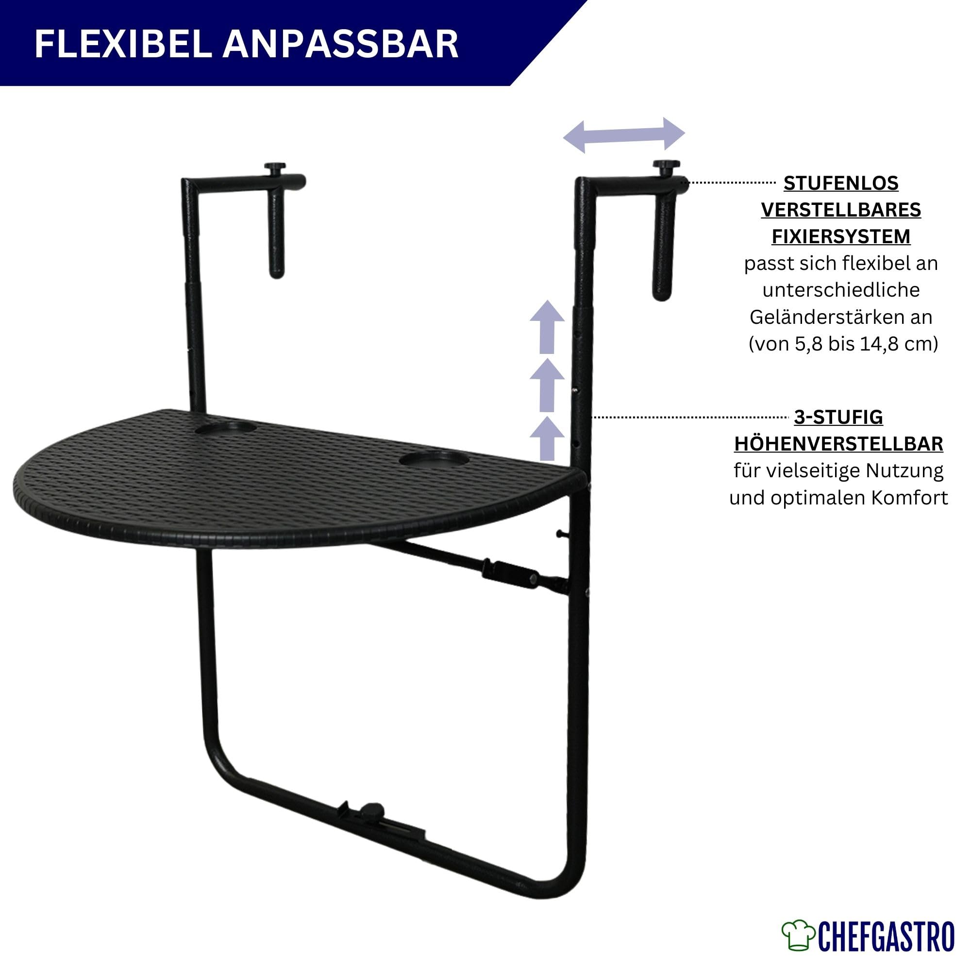 CHEFGASTRO Balkonhängetisch klappbar wetterfest 3-Fach höhenverstellbar 60x40cm Metall Rattan Optik Schwarz Balkontisch zum Hängen Hängetisch mit 2 Tassenhalterungen Balkon Klapptisch