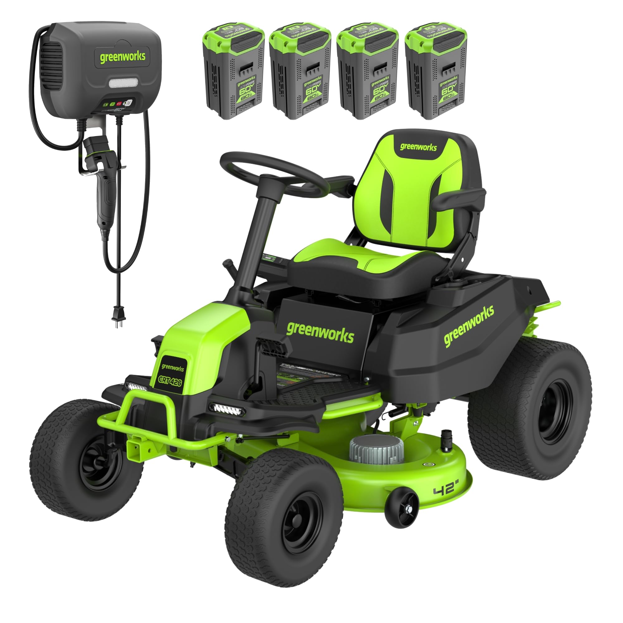 Greenworks 60V 42" CrossoverT Cordless Riding Lawn Tractor, (4) 8.0Ah Batteries and (600W) Plug in Charger