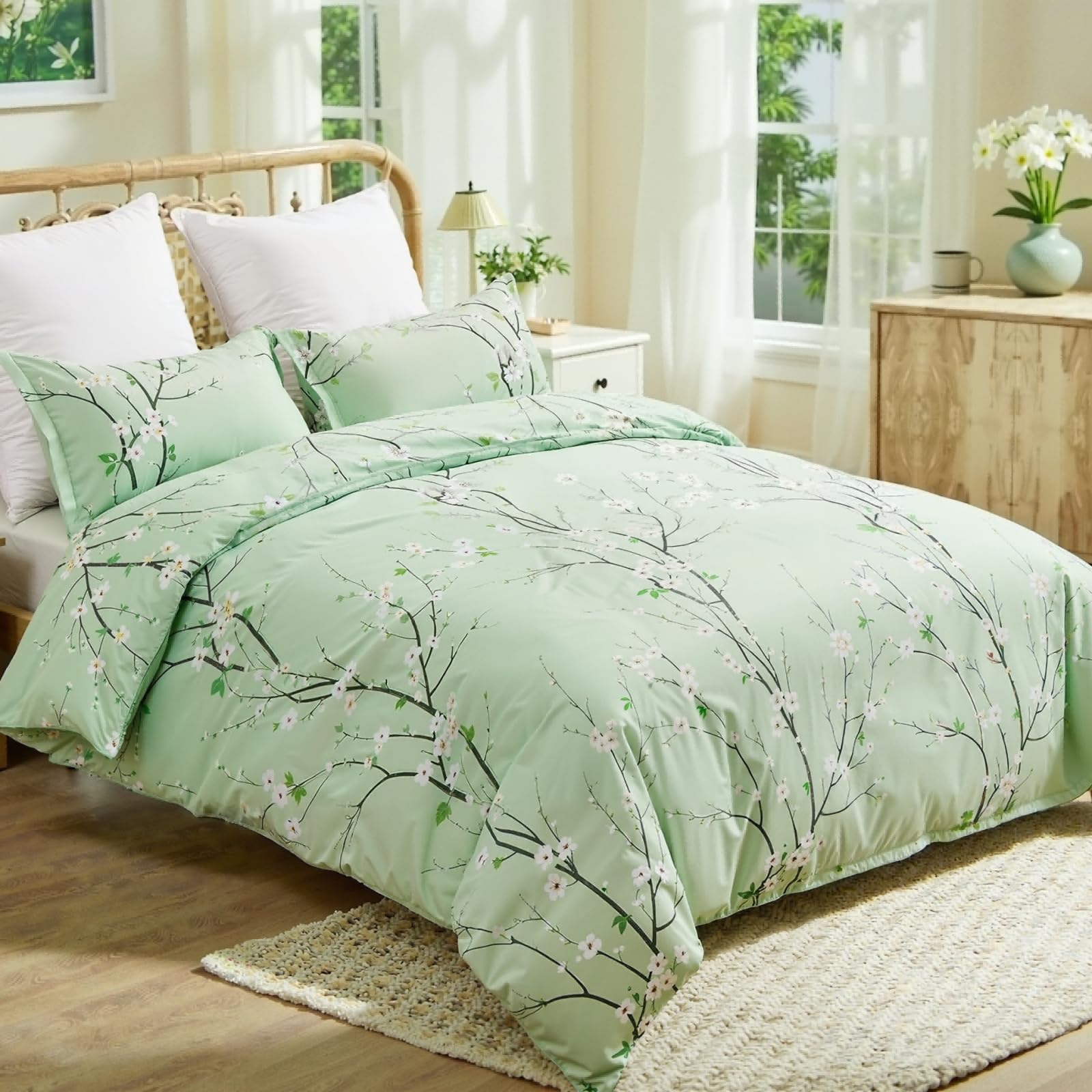 Freyamy Housse de Couette Floral 220x240+2 Taie d'oreiller 65x65cm Vert Clair Fleurie Imprimé Parure de lit 2 Personnes Adulte Fleurs Sets de Housse Couette en 100% Microfibre avec Fermeture Éclair