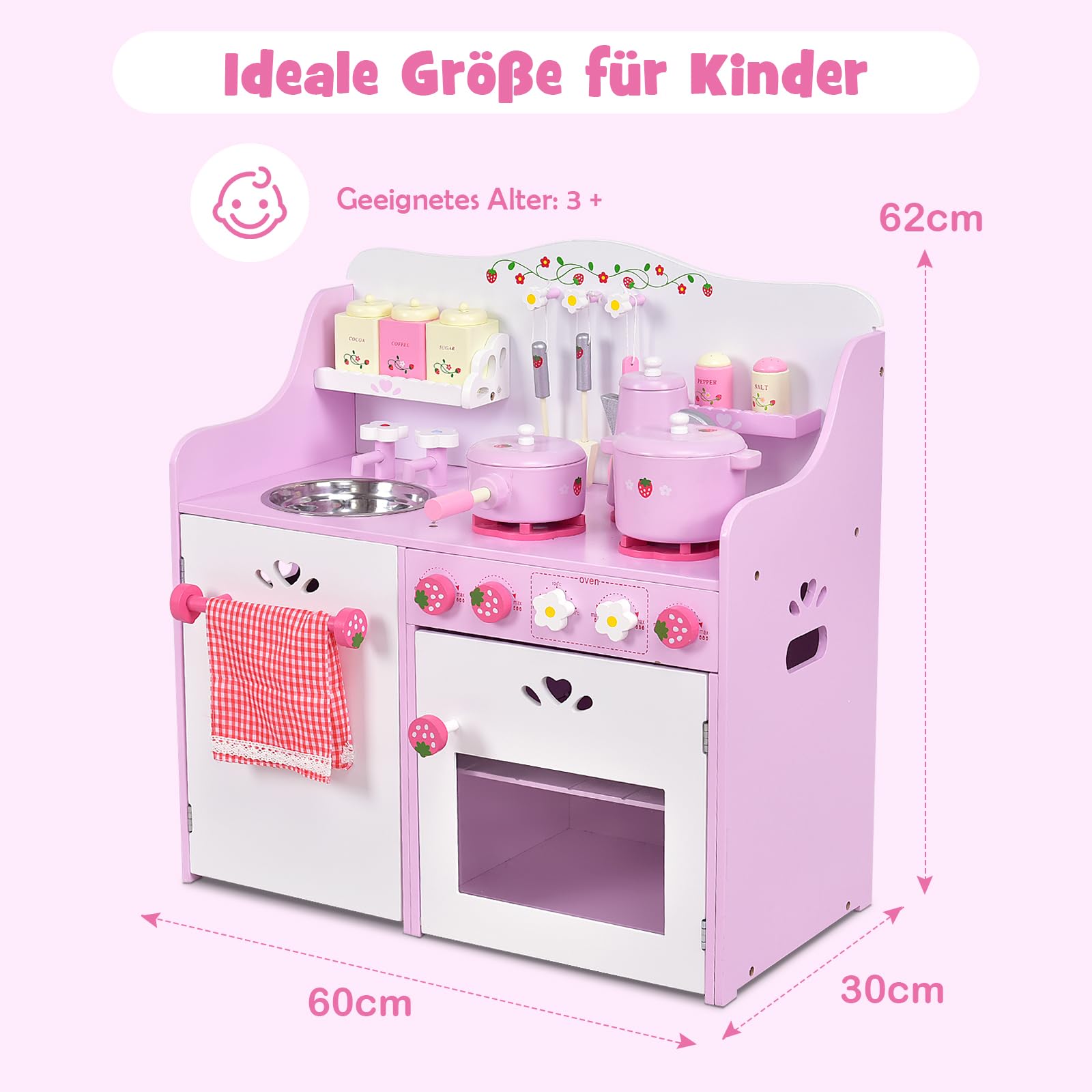 DREAMADE Kinderküche Spielküche aus Holz mit Spielzubehör, Kinderspielküche mit Waschbecken Herd Backoffen, Holzküche Spielzeugküche für Kinder ab 3 Jahren, 60 x 30 x 62 cm