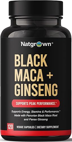 Natgrown Raíz de maca negra + Panax ginseng en polvo cápsulas de 1500 mg con raíz de maca negra peruana y suplemento de Panax ginseng coreano para