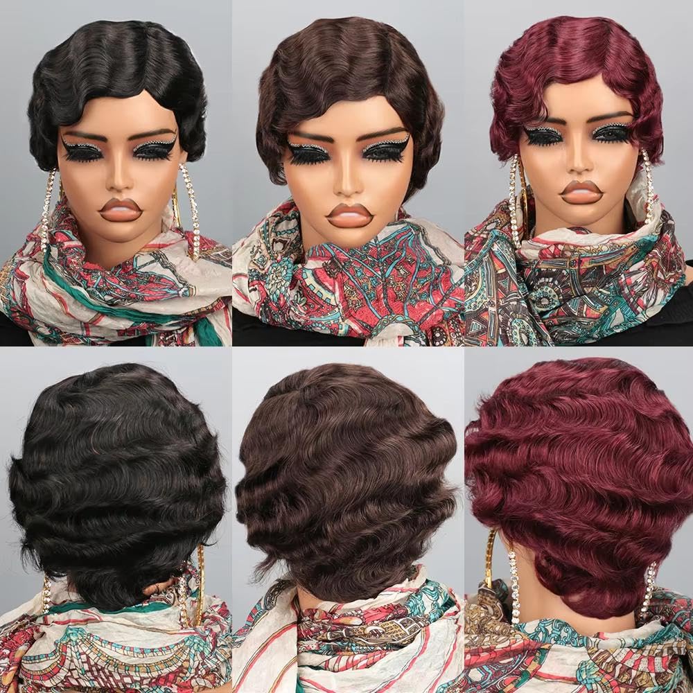 Haarpflege Kurze Fingerwellen Echthaarperücke Für Frauen Braune Perücken Geschnitten Für Frauen Natürliche Farbe
