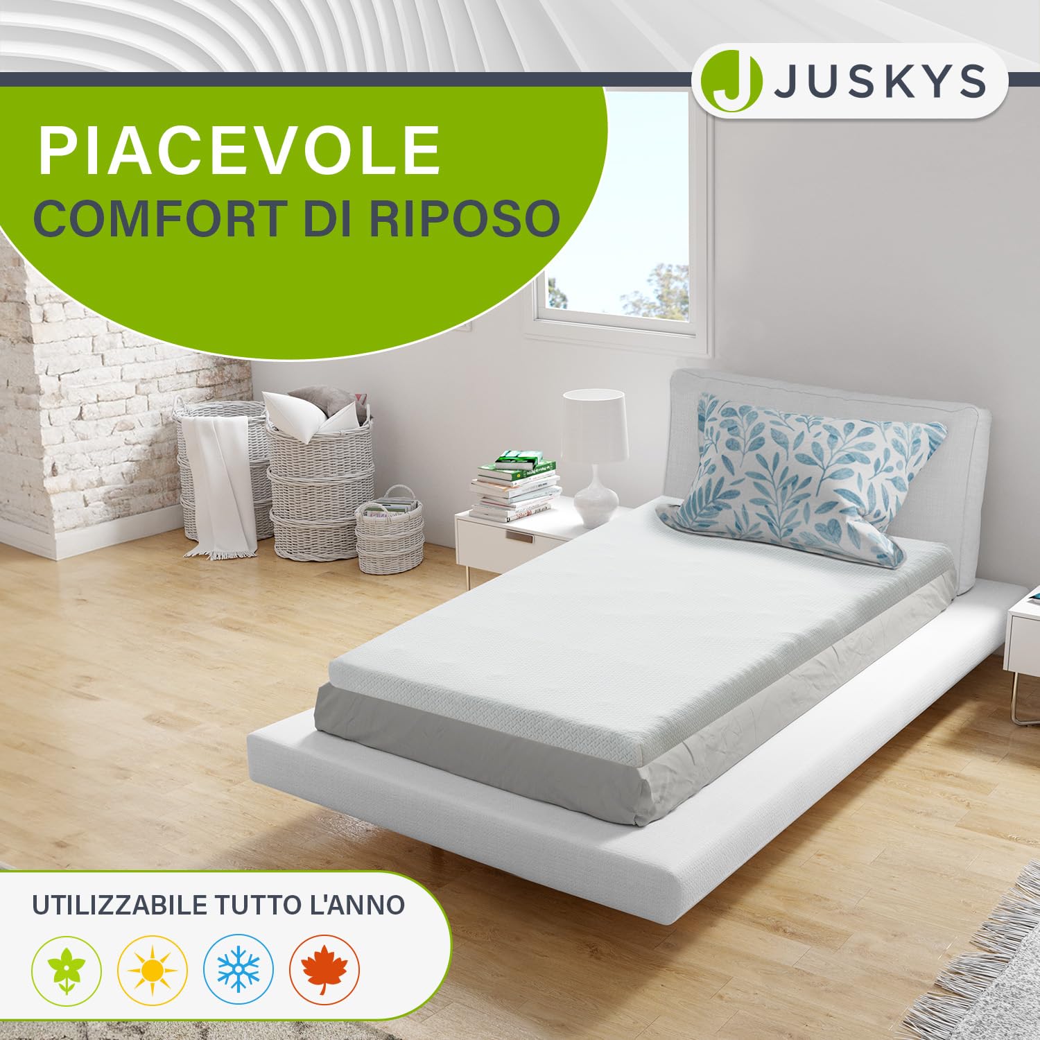 Juskys Topper 90x200 cm in schiuma memory, 7 zone ortopediche e traspirante, altezza 7 cm, H2 - H3, rivestimento lavabile topper materasso coprimaterasso