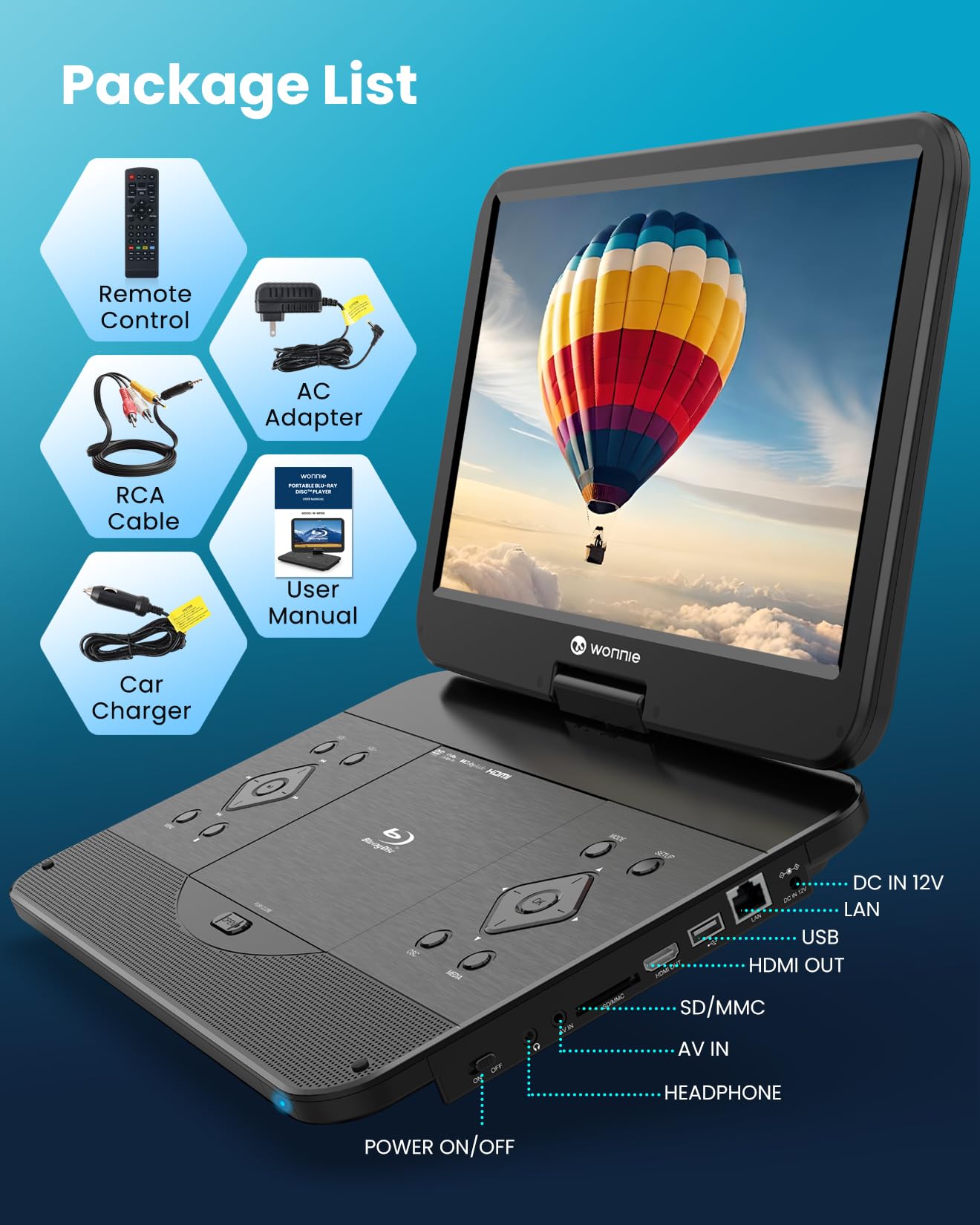 WONNIE Lettore DVD portatile Bluray con schermo 1080p Full HD da 15,6 pollici, grande schermo girevole, suono surround, supporto ultima memoria, uscita HDMI, ingresso AV, scheda USB/SD