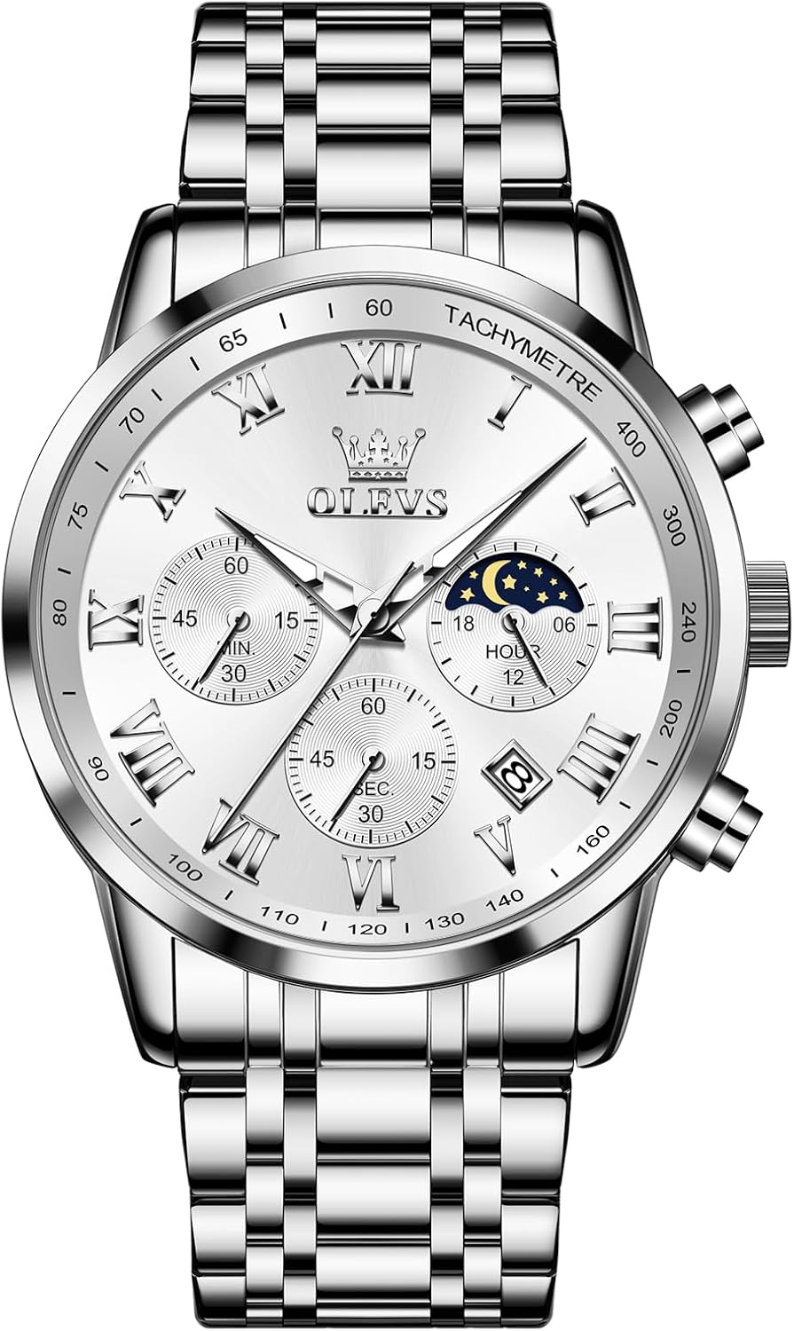 OLEVS Mens Stainless Steel Chronograph Watch, Big Face Roman