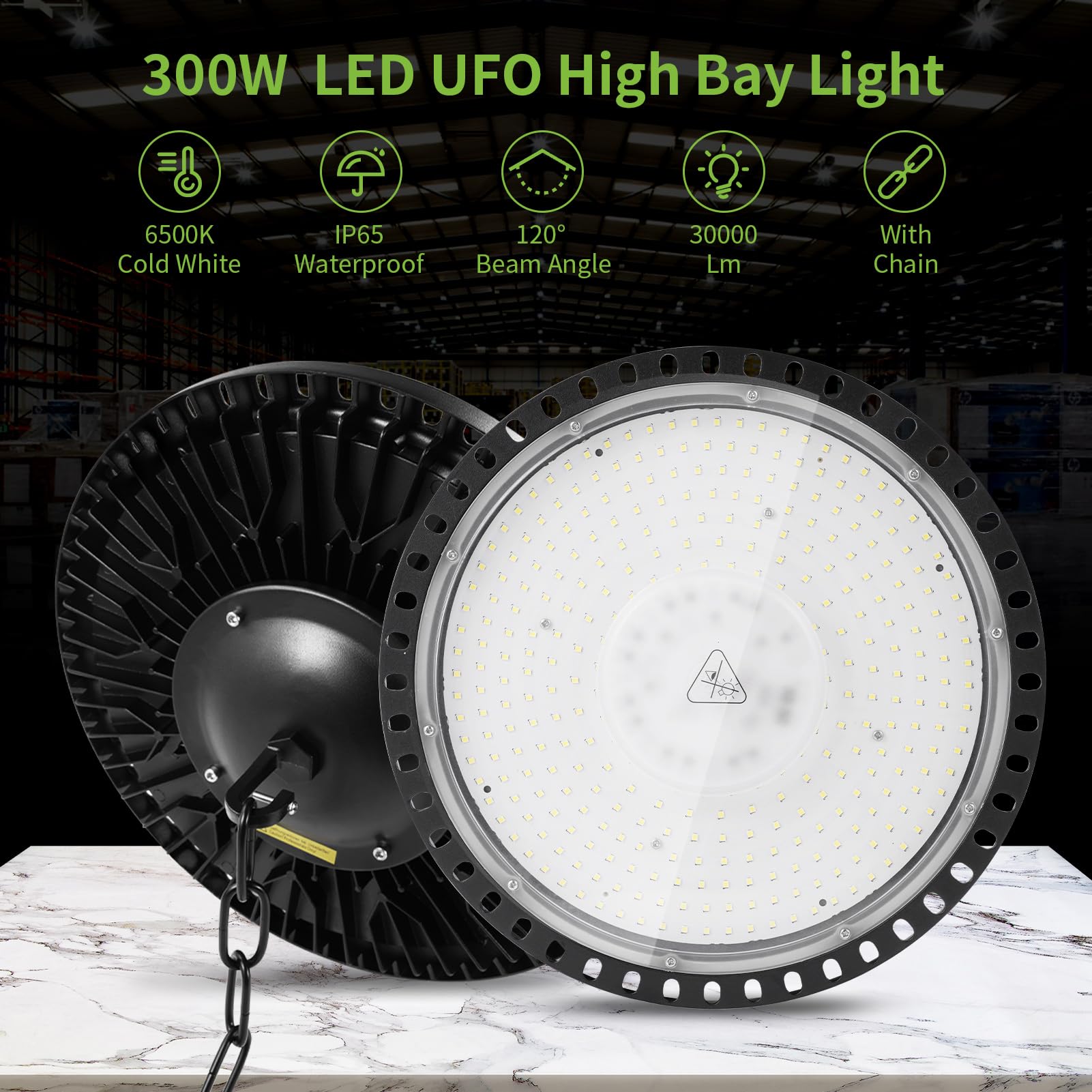 Viugreum UFO LED 300W, Projecteur LED Exterieur 30000LM, Blanc Froid 6500K, IP65 Étanche Eclairage Atelier, Led Industriel UFO Avec Lanyards/Cordes de Sécurité pour Garage/Atelier/Parkings/Gym