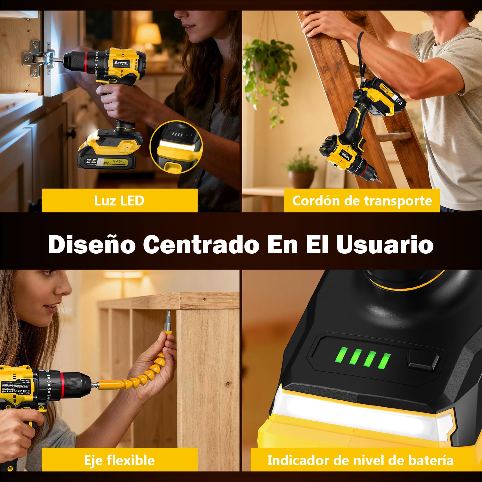 Sundpey Taladro Percutor a Bateria 70Nm - 21V Sin Escobillas Taladro Atornillador con 2 Baterías 2.0Ah, 23+3 Ajustes, 2 Velocidad, Luz LED, Destornillador Eléctrico Inalámbrico para Hogar Bricolaje