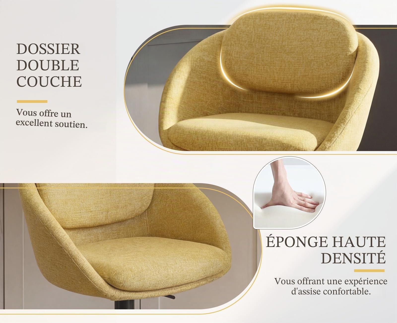 Ya-Home Tabouret de Bar Moderne Pivotant Lot de 2, Jaune | Chaises de Bar en Chenille, Chaise Haute Cuisine Réglable en Hauteur, Tabouret Haut avec Dossier Courbé