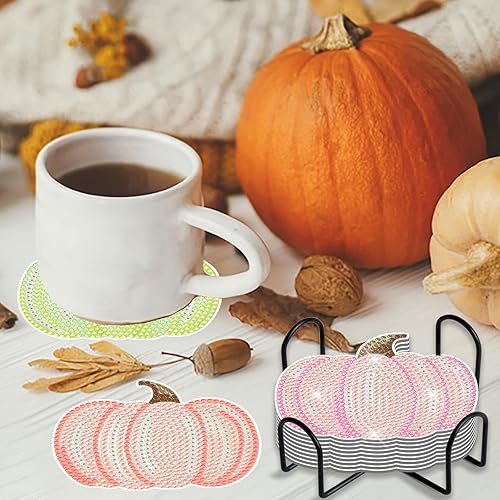 Miniatura 4 de Juego de 8 posavasos de calabaza con diamantes bohemios con soporte, posavasos de pintura de diamante de calabaza boho con antideslizante para