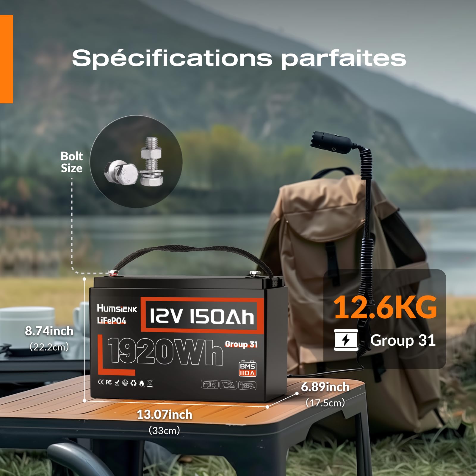 Humsienk Batería Litio 12V 150Ah,Bateria LiFepo4,BMS Inteligente de 110A,4.000–15.000 Ciclos Profundos de 12 V 1920 Wh Recargable,Protección Baja Temperatura—para Solar,Autocaravana (RV)
