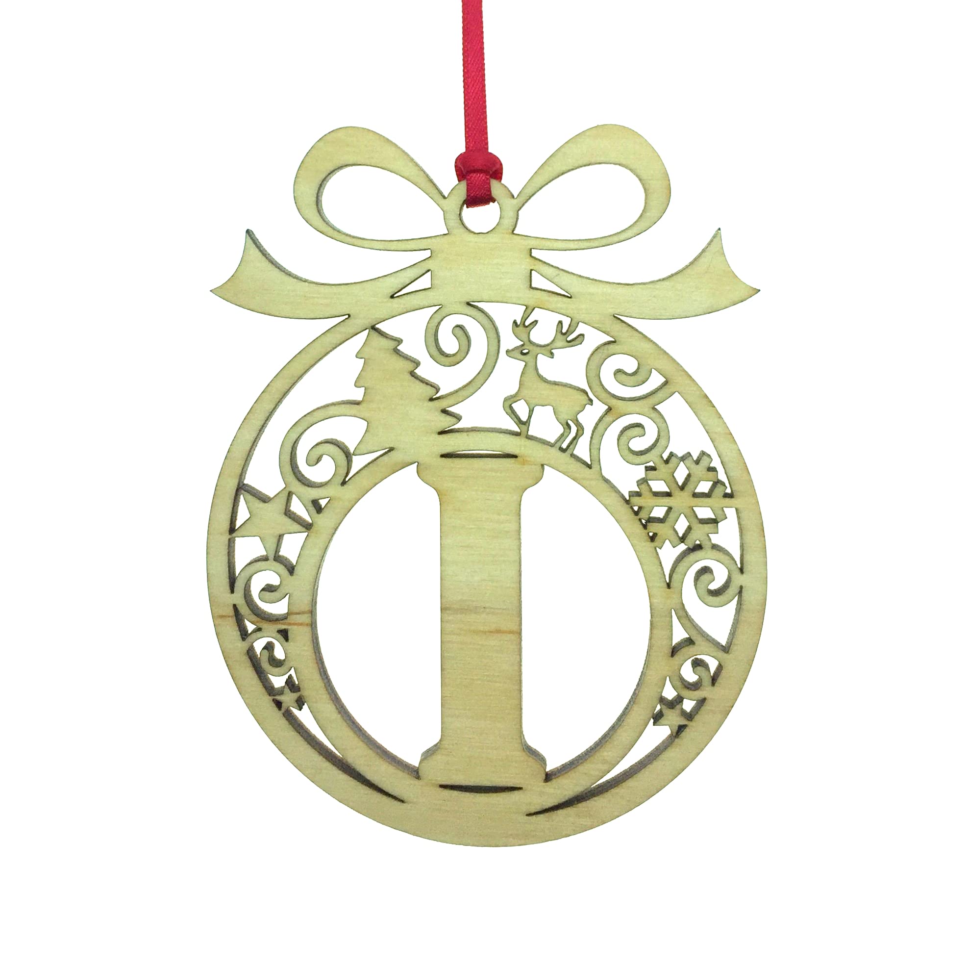 Personalised Christmas tree bauble decoration pendant ornament: Letter I, Natural Wood, Small