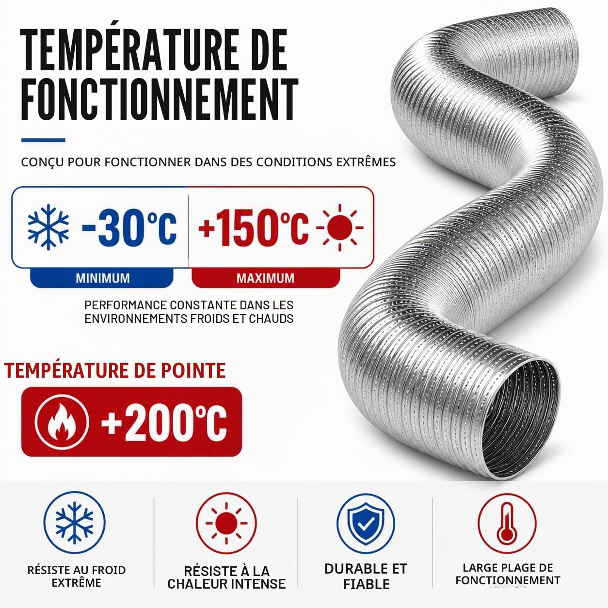 Conduit de ventilation en aluminium semi-rigide flexible de 150 mm (6") pour ventilateurs, hottes de cuisinière et ventilation - Longueur de 4 mètres
