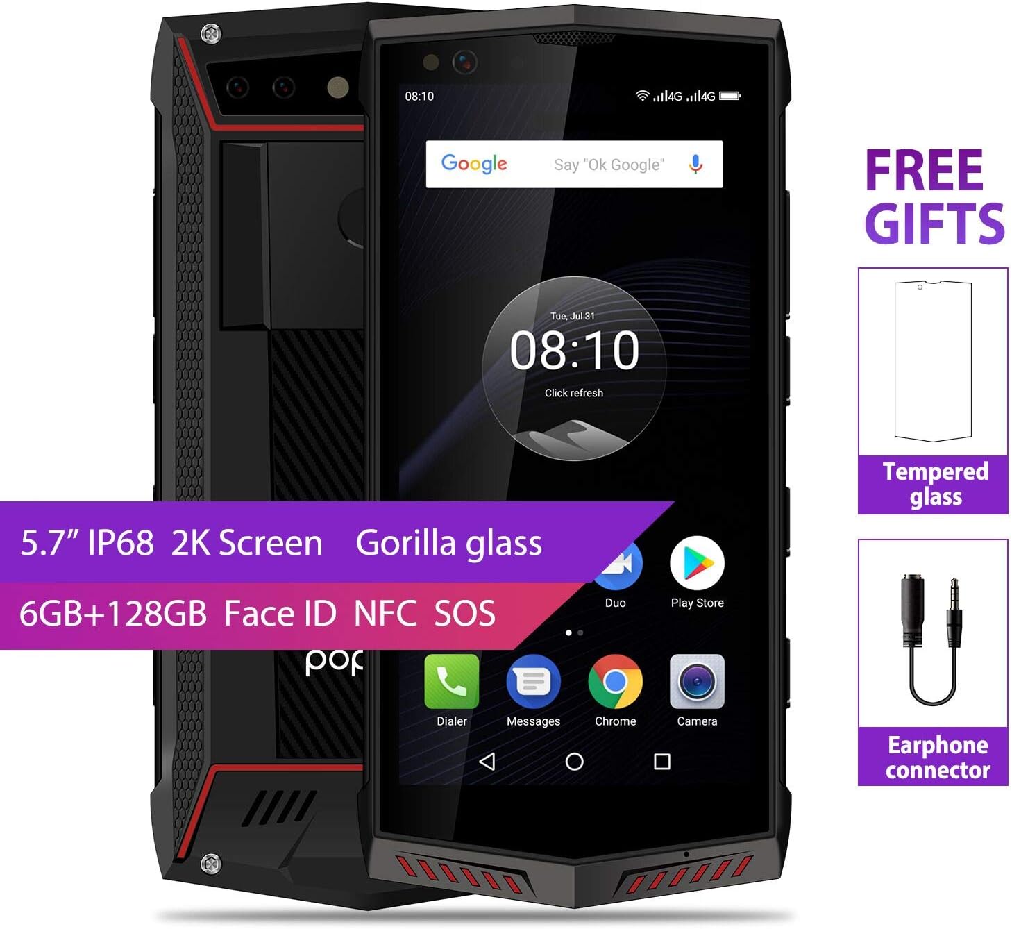 Poptel P60 IP68 Unlocked Rugged Phone,6GB/128GB,Dual Sim 4G Lte Volte Android Smartphones,Wireless Charging,Face Id,5.7"FHD Gorilla Glass Notification Lights NFC SOS Dual Ai Camera (Red)