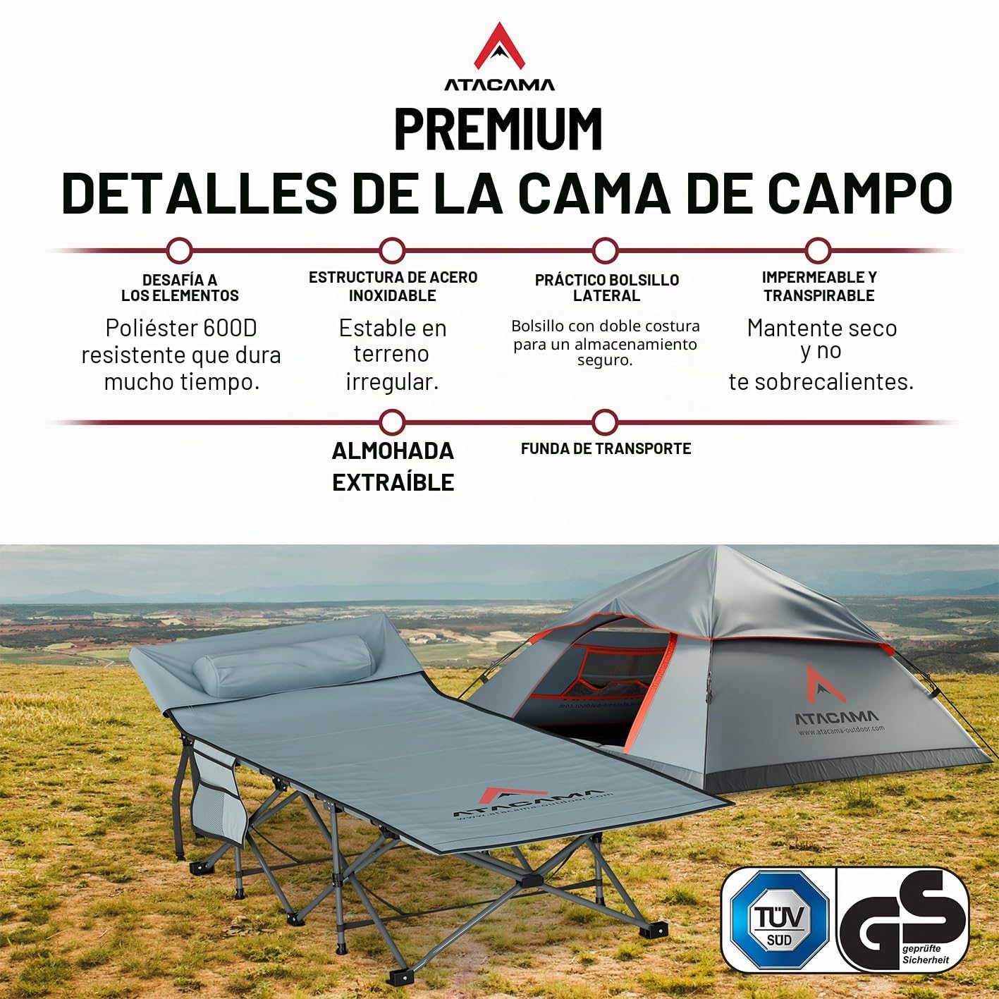 Atacama Cama Plegable Camping Cama Camping Ultraligera - catre Camping Plegable Ideal para Aventuras al Aire Libre y como Tumbona - Cama portátil XXL cómoda, camastro