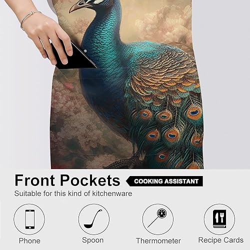 Miniatura 5 de MUSM Apron for Adults - 27.6 X 31.5 Inch, Heavy-Duty Polyester Aprons with Two Large Pockets, Waterproof Oriental Peacock Pattern Kitchen Apron for