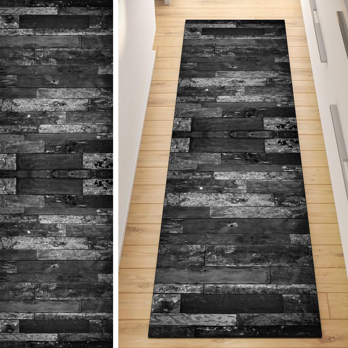 Läufer Flur Küche Teppich rutschfest Schwarz 110x500CM Lang Kücheläufer Waschbar Meterware Holzmuster Teppichmatten Korridor Polyester Wohnzimmer Schlafzimmer