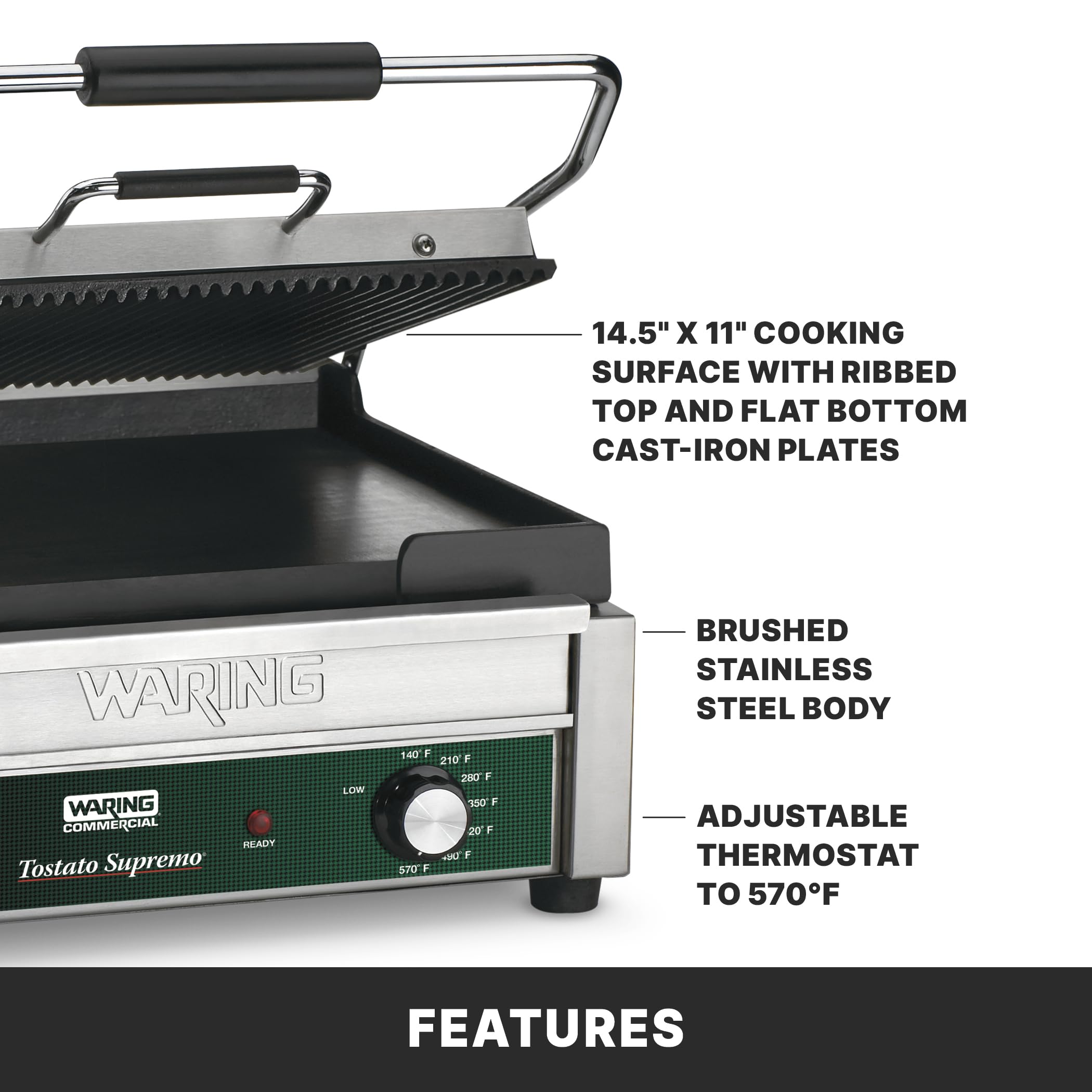 Waring Panini Press with 14.5 x 11 Cooking Surface & Ribbed & Flat Plates | Ribbed & Flat Cast Iron Plates 14.5 x 11 Cooking Surface 570F Adjustable Thermostat 120V product thumbnail 5