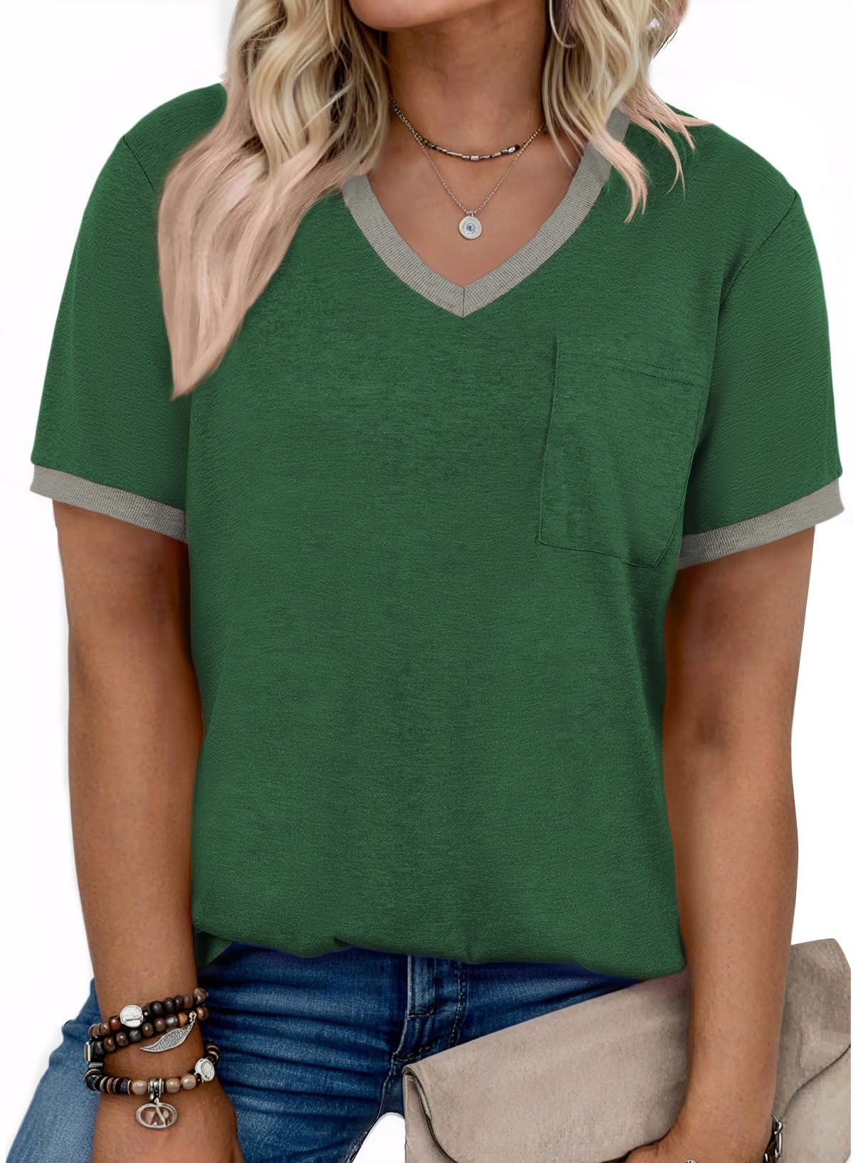 Eytino Women Plus Size Tops V Neck Short Sleeve Striped Causal Loose Blouse Shirts with Pocket(1X-5X)