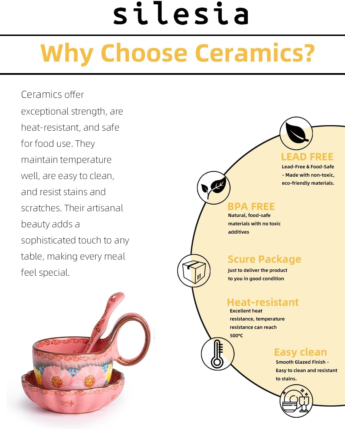 silesia Handmade Loop Handle Soup Bowl, Plate and Spoon Set - Ceramic Hand Painted Cereal Bowl Great for Soup, Ice cream, Snack, Stew in Gift Box, Dishwasher Safe, Glazed Pink