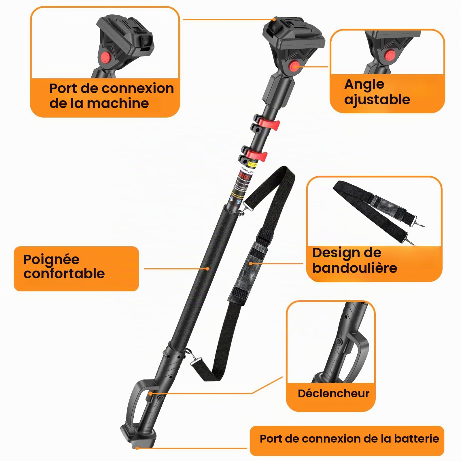 Perche Télescopique pour Sécateur électrique, 2.2 M Telescopic Extension Pole pour Mini tronçonneuse, convient aux batteries avec interface Makita, Compatible avec les outils de la marque MuatCtarom