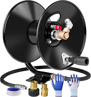 MEKOH 4000 PSI Heavy Duty Pressure Washer Hose Reel - 50ft 3/8" or 65ft 1/4" Capacity, Wall Mount Metal Crank with M22 Fittings