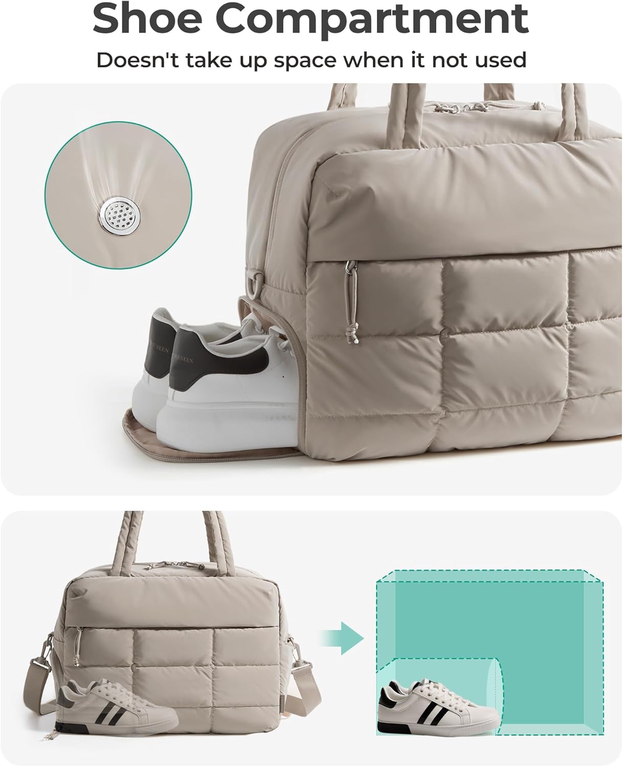 BAGSMART Gym Bag for Women, Carry on Travel Duffel Bag, Water-resistant Weekender with Shoe Compartment for Gym Travel Work, Khaki, Large - Image 5