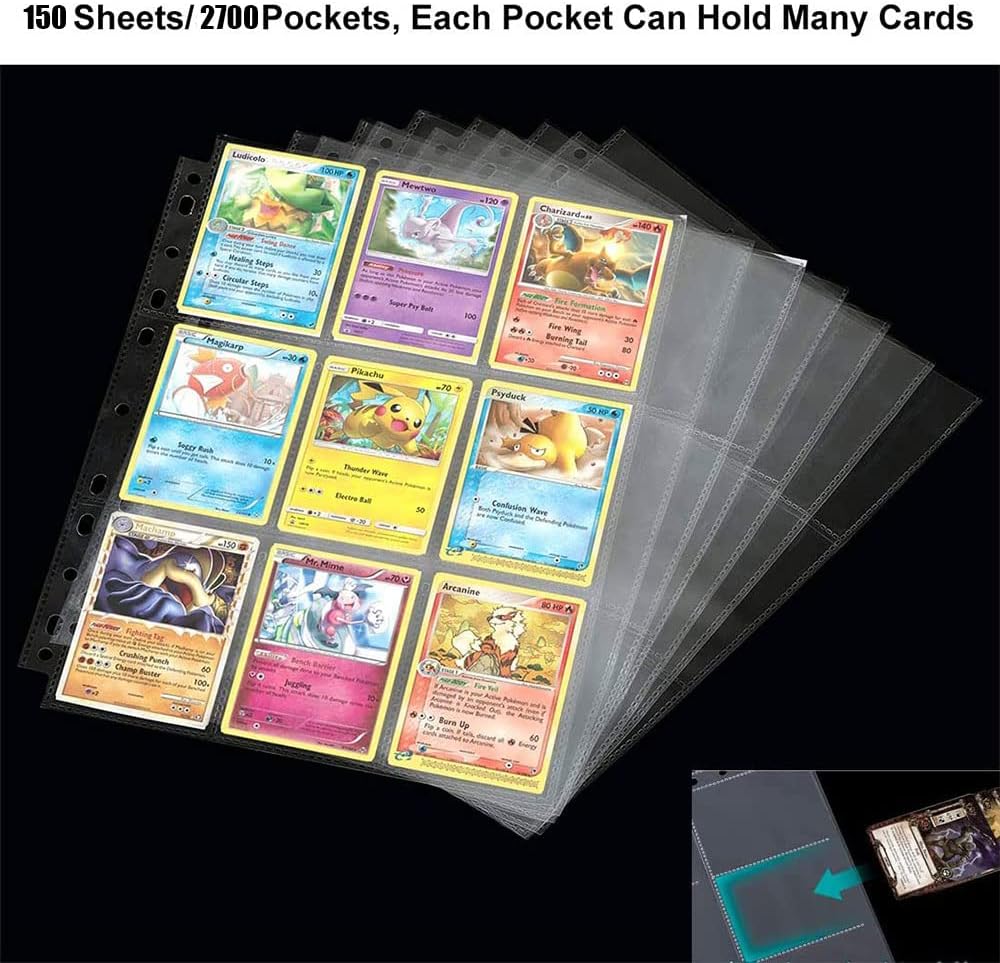 2700 Pockets Trading Card Sleeve Pages,150 Pack Double Side 9-Pocket Protectors Card Sleeves Binder Sheets 11 Ring for Standard Size Sport Cards, Baseball Cards, Game Cards (150)