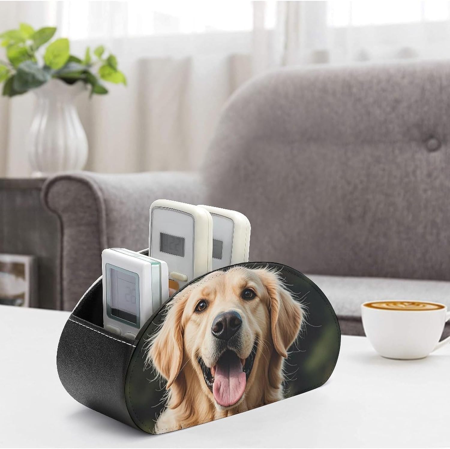 Funny Golden Retriever Remote Control Holder - TV Remote Caddy with 5 Compartments, PU Leather Storage Box,Fashion Desk Organizer for TV/DVD/Accessories Desk Office Supplies Home image 4
