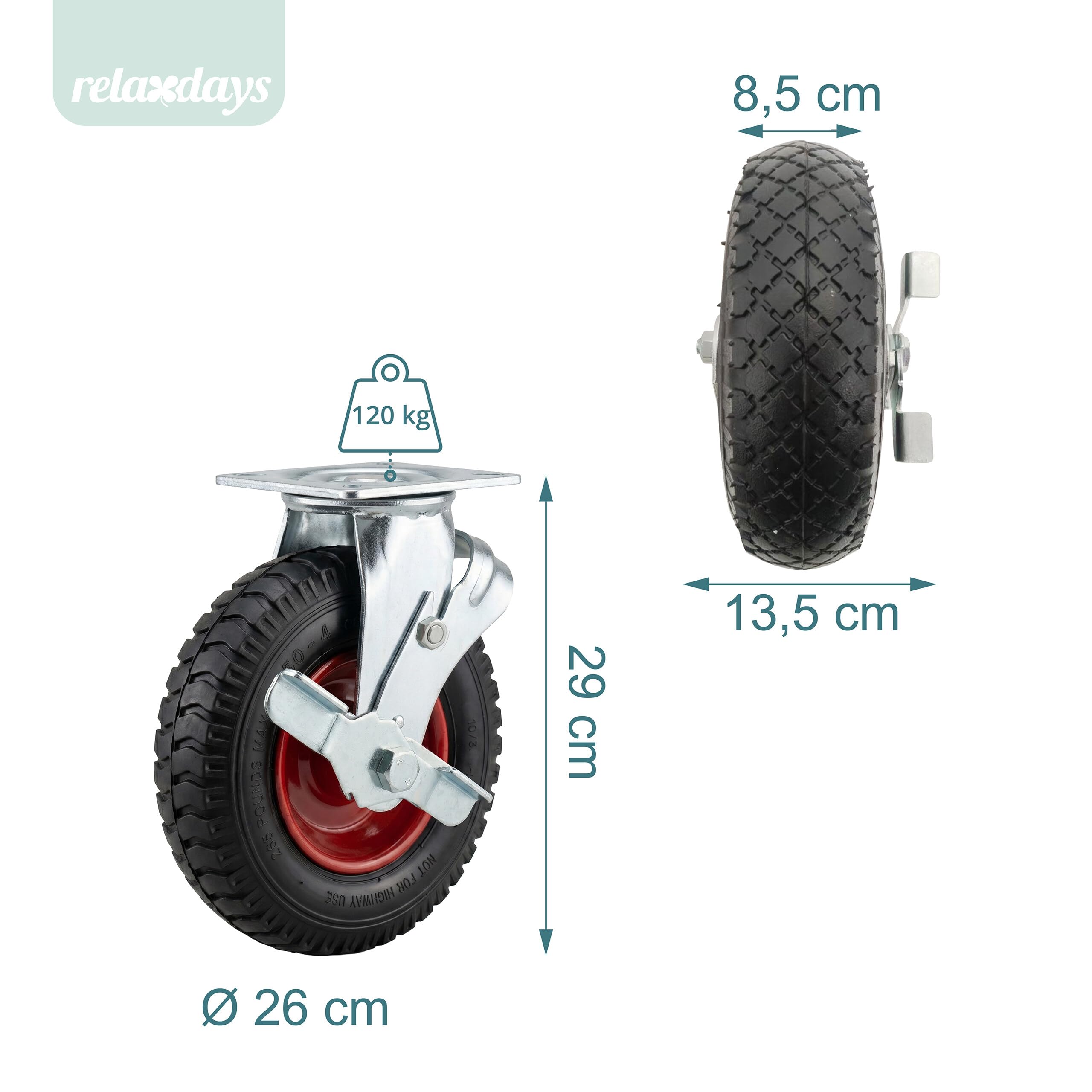 Relaxdays Lenkrolle mit Bremse, 2er Set, 3.00-4, 120 kg, schwarz/rot | luftbereift, Gummi, Stahl Platte, Schwertlastrolle