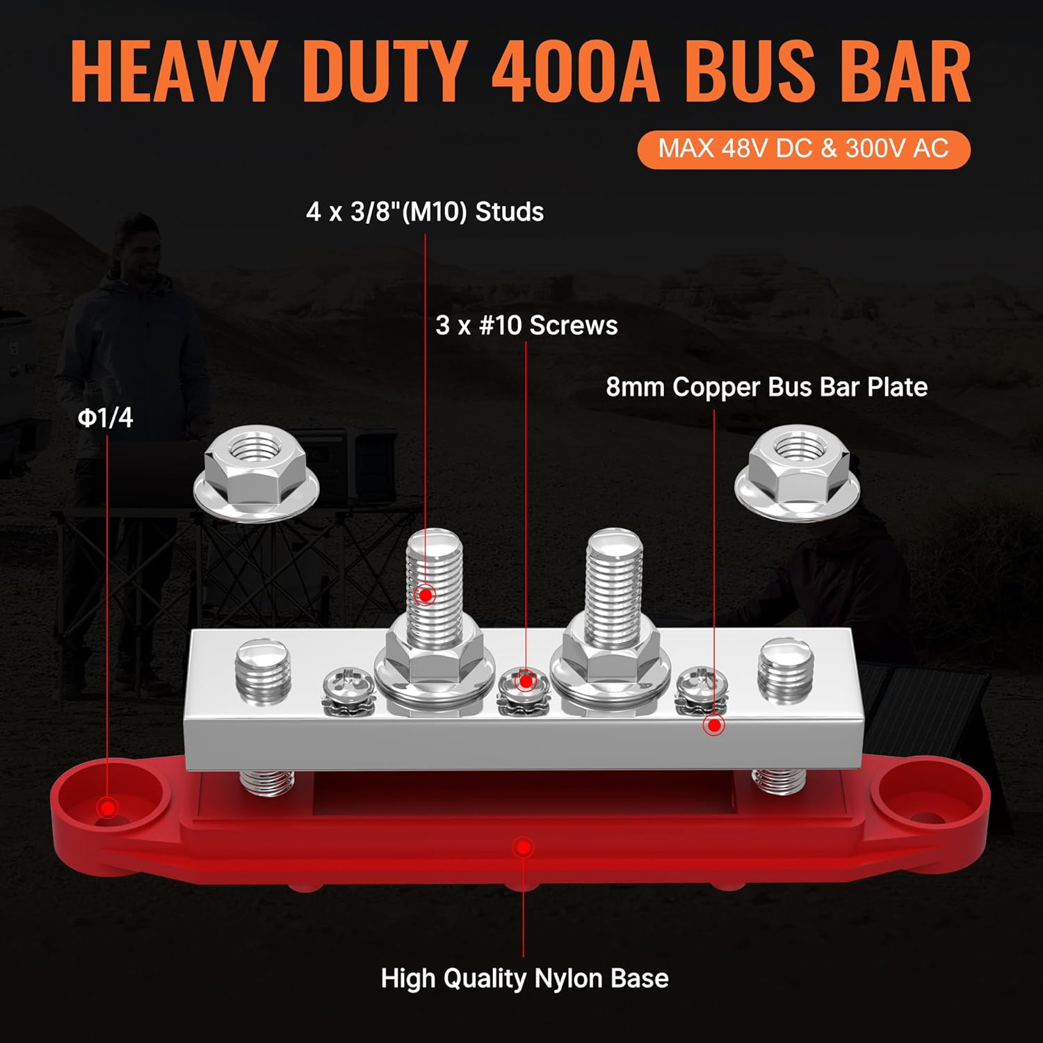 Joinfworld 400A Bus Bar 12V Power Distribution Block with 4 x 3/8" Studs 12 Volt Marine Copper Battery Busbar Terminal Block for Car, Boat, Automotive, RV, Solar Wiring - Negative&Positive