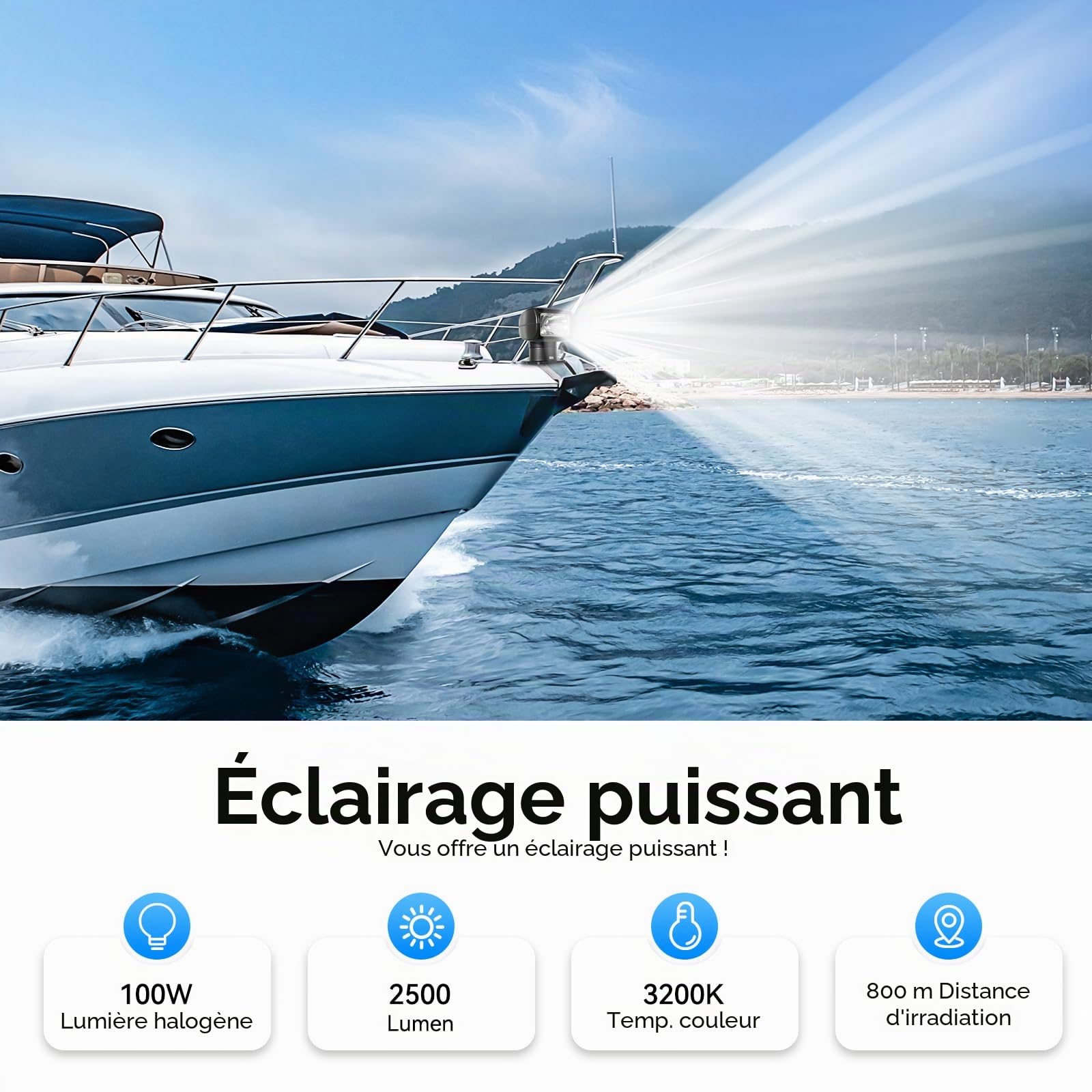 Phare marin, 360° Marine Yacht, fanal de recherche avec télécommande, 12 V 100 W, télécommande pour bateau, voiture, phares marins