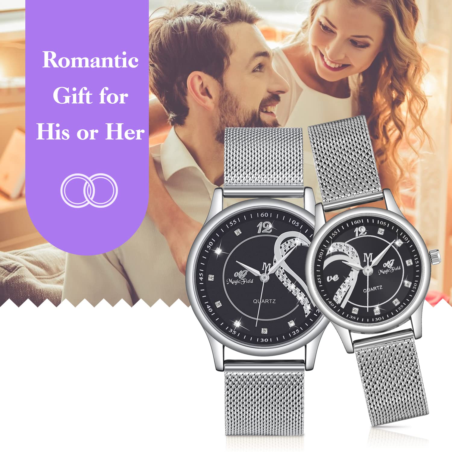 SIBOSUN Reloj para Parejas para él y para Ella, Reloj romántico de San Valentín, Relojes de Pulsera para Parejas de Cuarzo analógico, Juego de 2 Corazones de Malla de Cristal de Acero Inoxidable