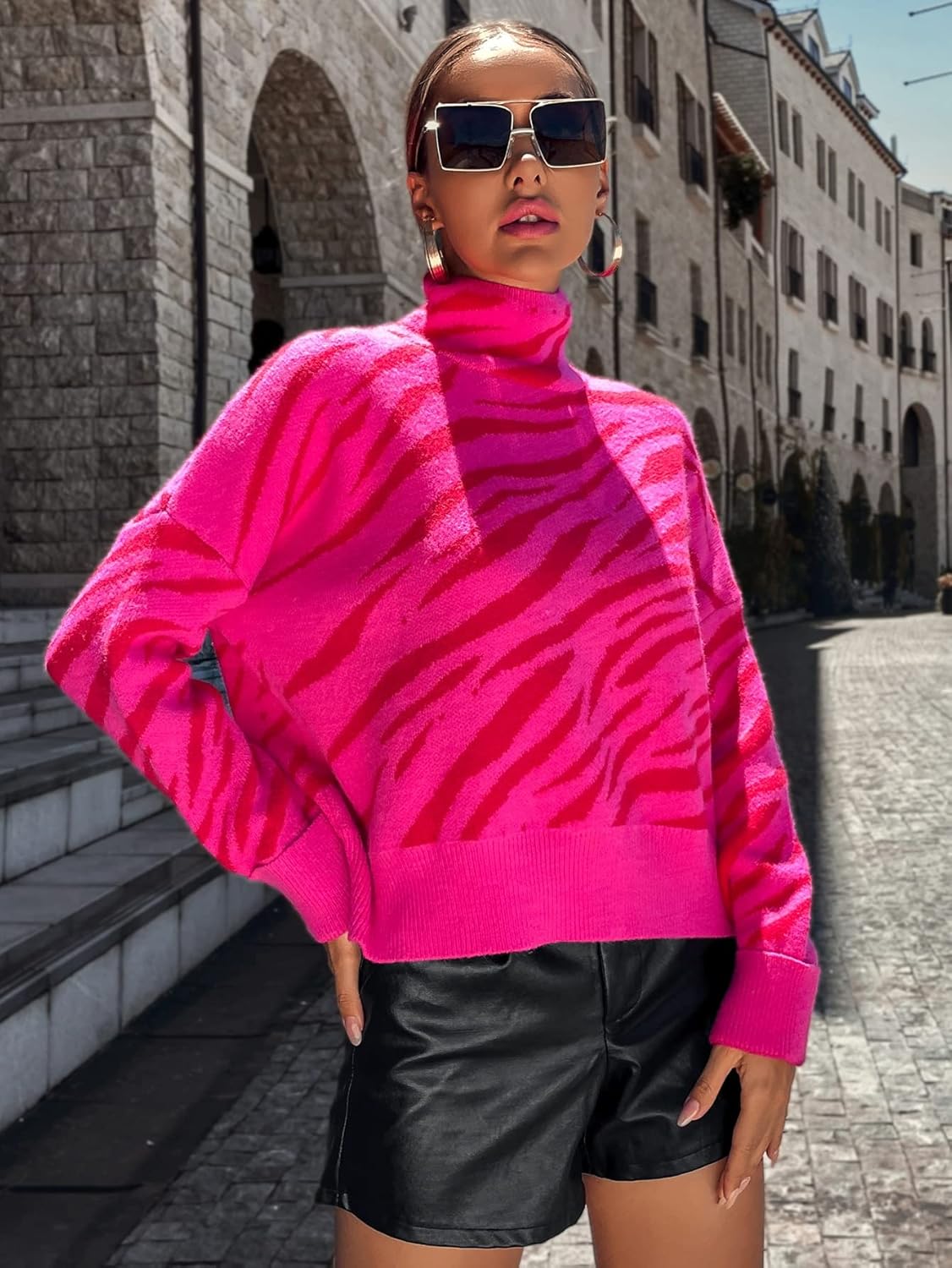 Women's Sweater Zebra Striped Pattern High Neck Drop Shoulder Sweater Sweater for Women (Color : Hot Pink, Size : Medium)