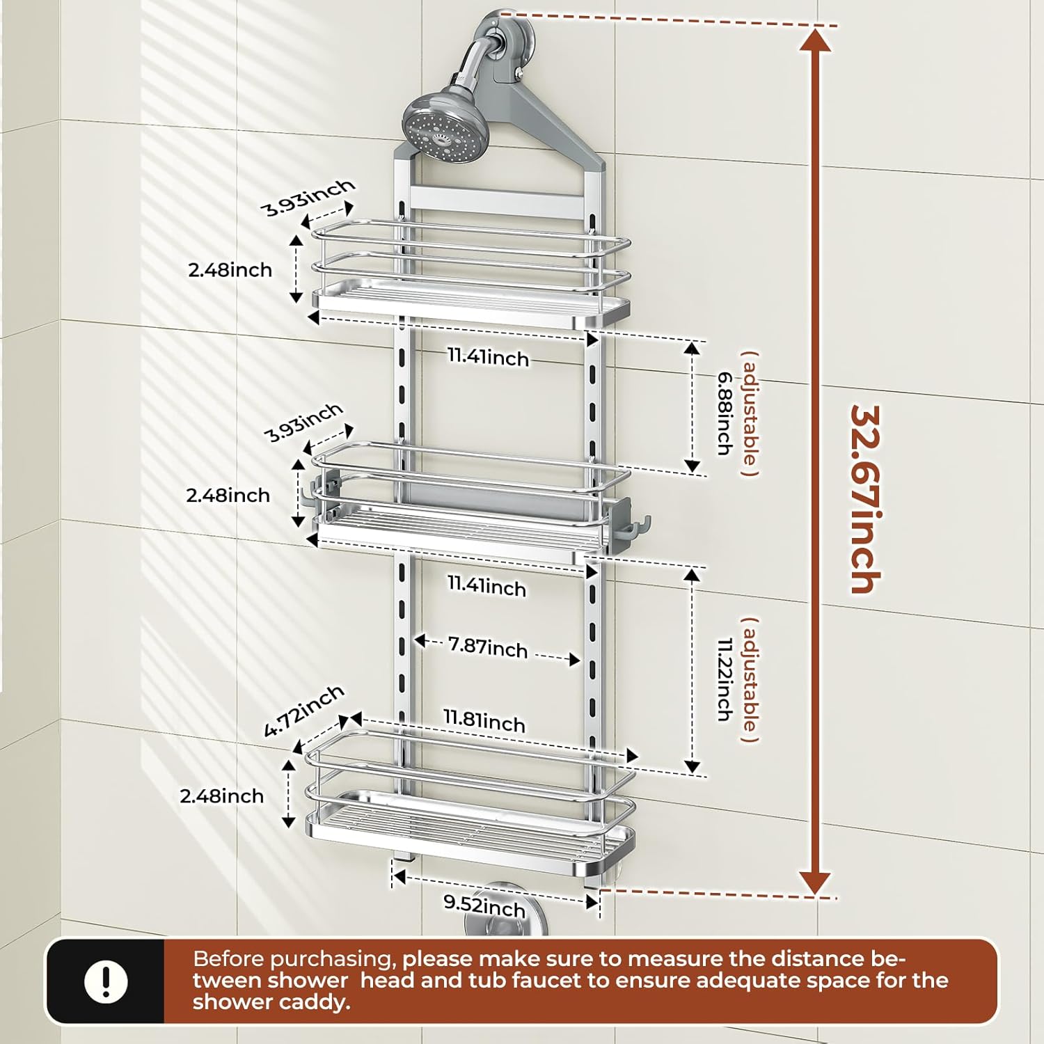 Orimade Aluminum Hanging Shower Caddy Over Head, Adjustable Bathroom Shelf with Hooks, Anti-Slip Rustproof Organizer Storage Rack Basket, Silver, 3 Tier