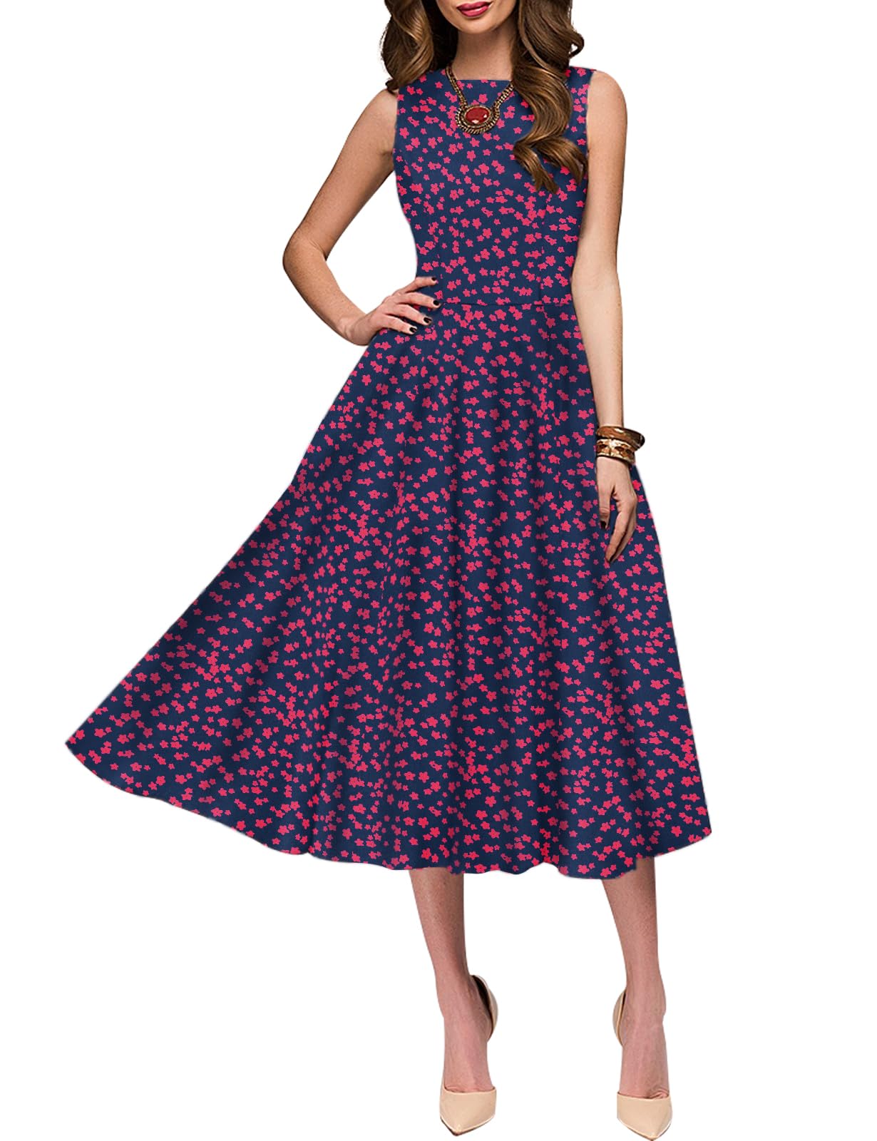 Simple Flavor Women's Vintage 1950s Cocktail Midi Dress | Sleeveless, Cotton, Boat neck, Retro tea length, Fit and flare a-line swing, Tea party derby