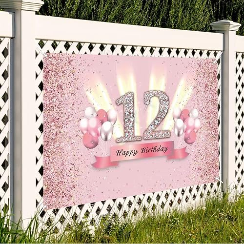 Miniatura 4 de Decoraciones de cumpleaños número 12 para niñas, feliz cumpleaños 12 y telón de fondo, cartel de tela para fiesta de 12 años de edad, aniversario,