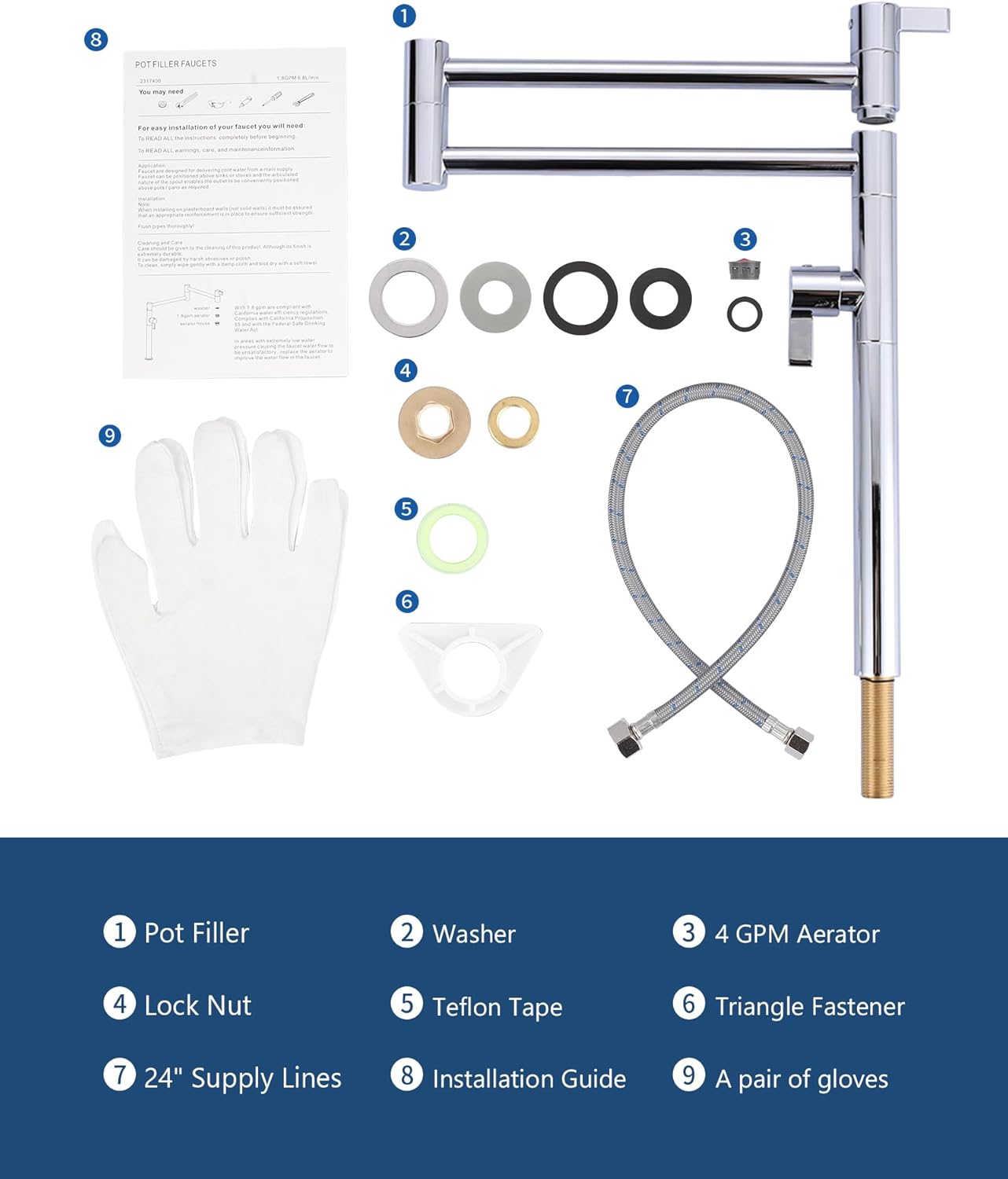 Diagram showing all included components of the ARCORA Pot Filler Faucet package.
