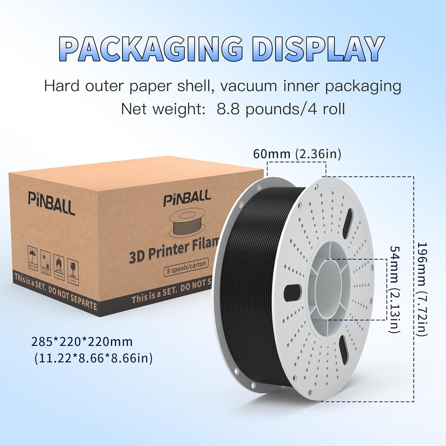 PINBALL PETG 3D Printer Filament 1.75mm High Precision Durable Moisture-Proof Strong Filament Mith Better Flow Dimensional Accuracy +/- 0.02mm Suitable for Most FDM 3D Printers 4 Kilograms Black
