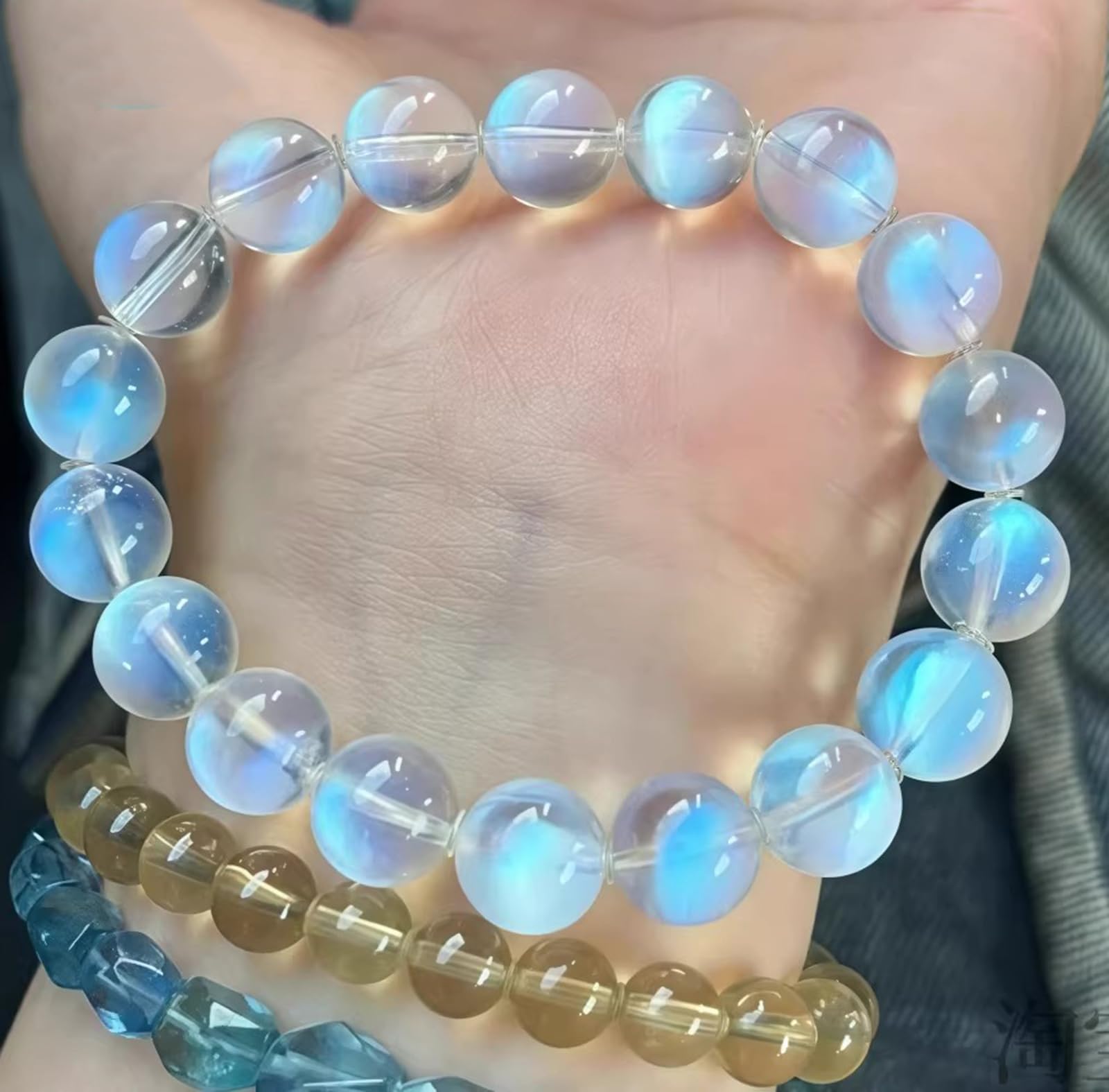 Pulsera de Piedra Lunar Natural para Mujer, Cuentas Redondas de Cristal 7A, Piedra Preciosa Azul Claro, joyería elástica, Regalo de protección de Cuarzo cristalino,12mm