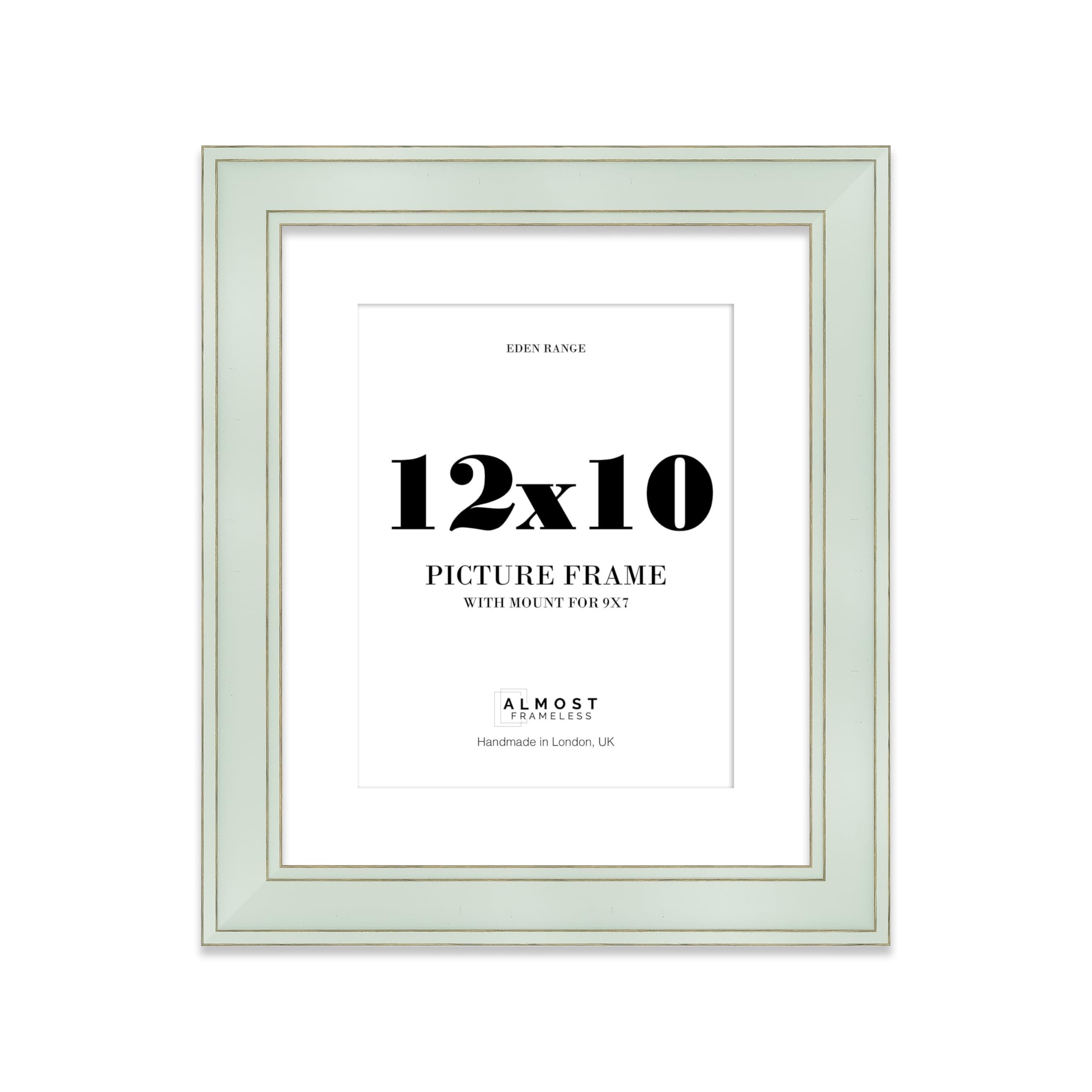 12x10" Sage Green Picture Frame with 9x7" Mount - Shabby Chic Photo Frame with Distressed Finish, Gold Trim, Wall Hooks and Kickstand, 37mm Edge - 1 Pack