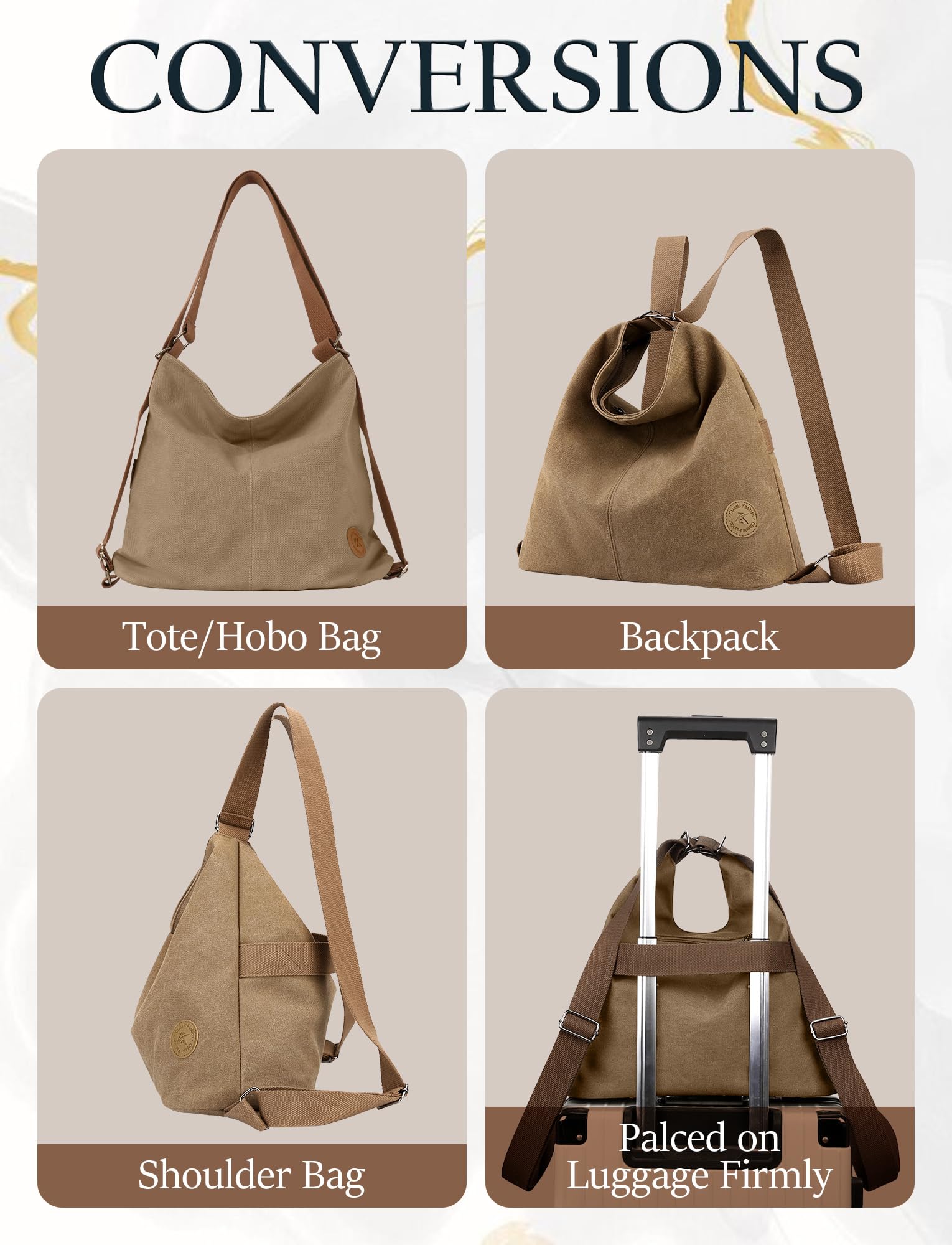 Bolso grande de lona para mujer, 4 en 1, convertible y ligero, para el trabajo, viajes