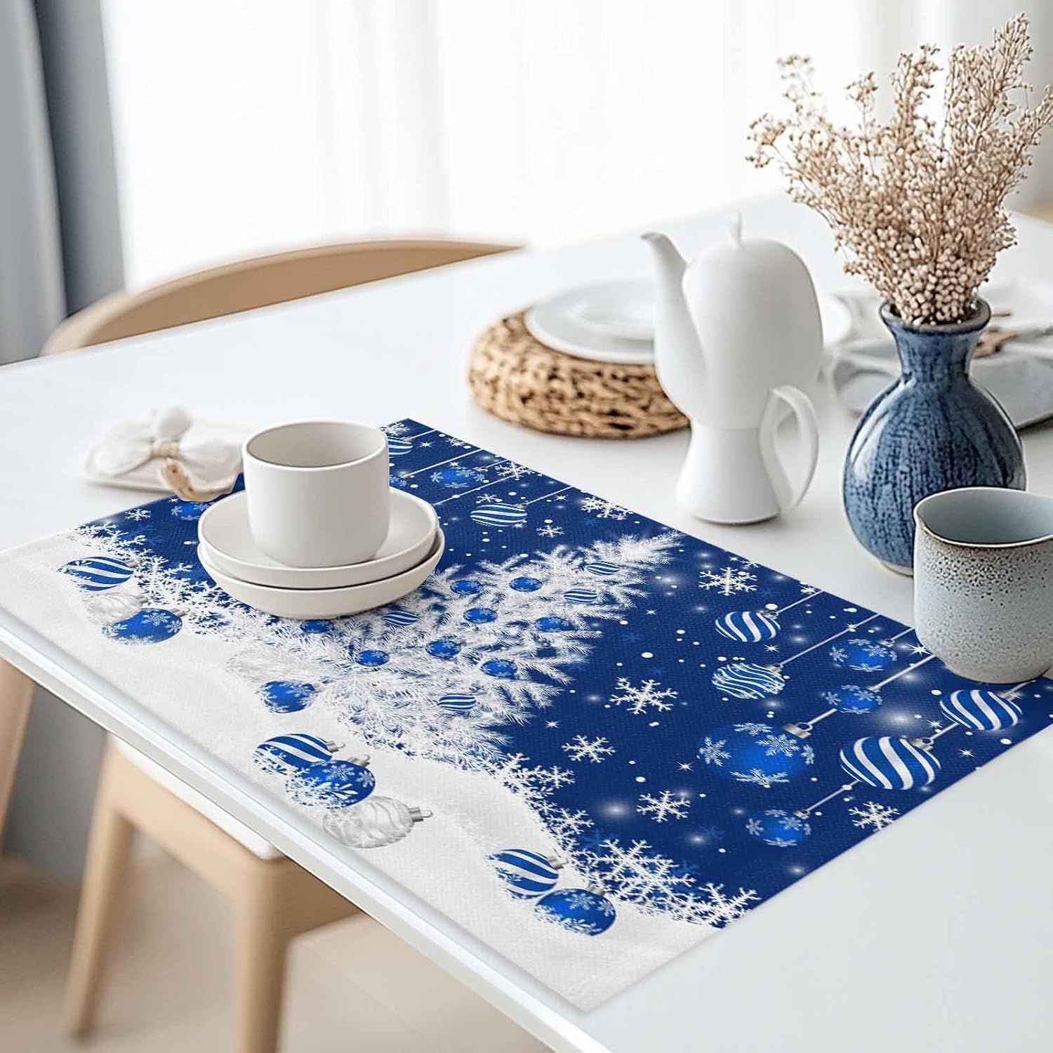 Merry Christmas Placemats Set of 4,Cotton Linen Table Mats Non-Slip Washable Blue Xmas Ball White Xmas Tree Snowflake Christmas Placemat for Holiday Party Dining Snowflake Kitchen Table Decor