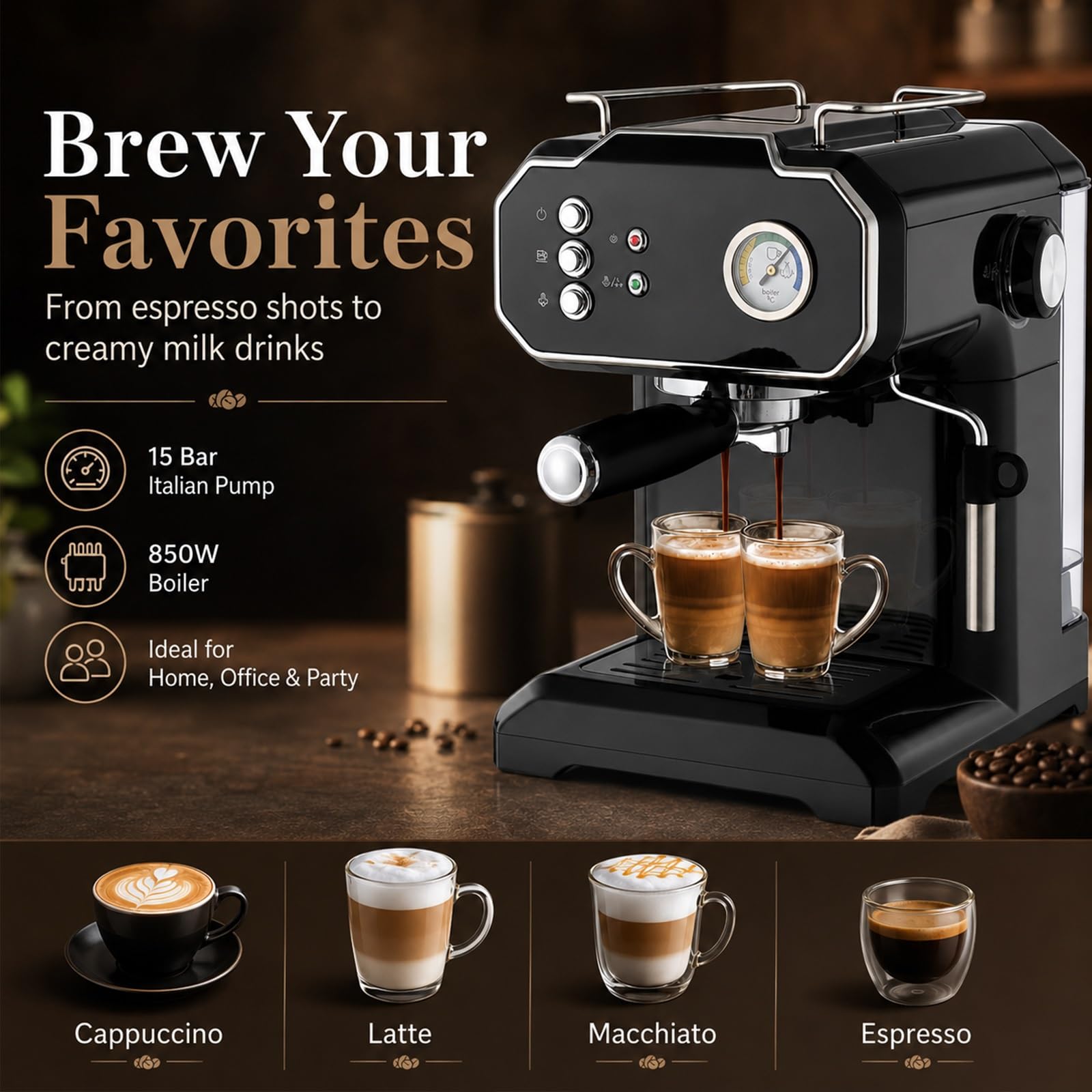 Cafetera Espresso De 15 Bares, Máquina Automática Con Vaporizador Para Espumar Leche, Cafetera De Alta Presión Para Cappuccino Y Latte, 850 W, Ideal Para El Hogar Y La Oficina